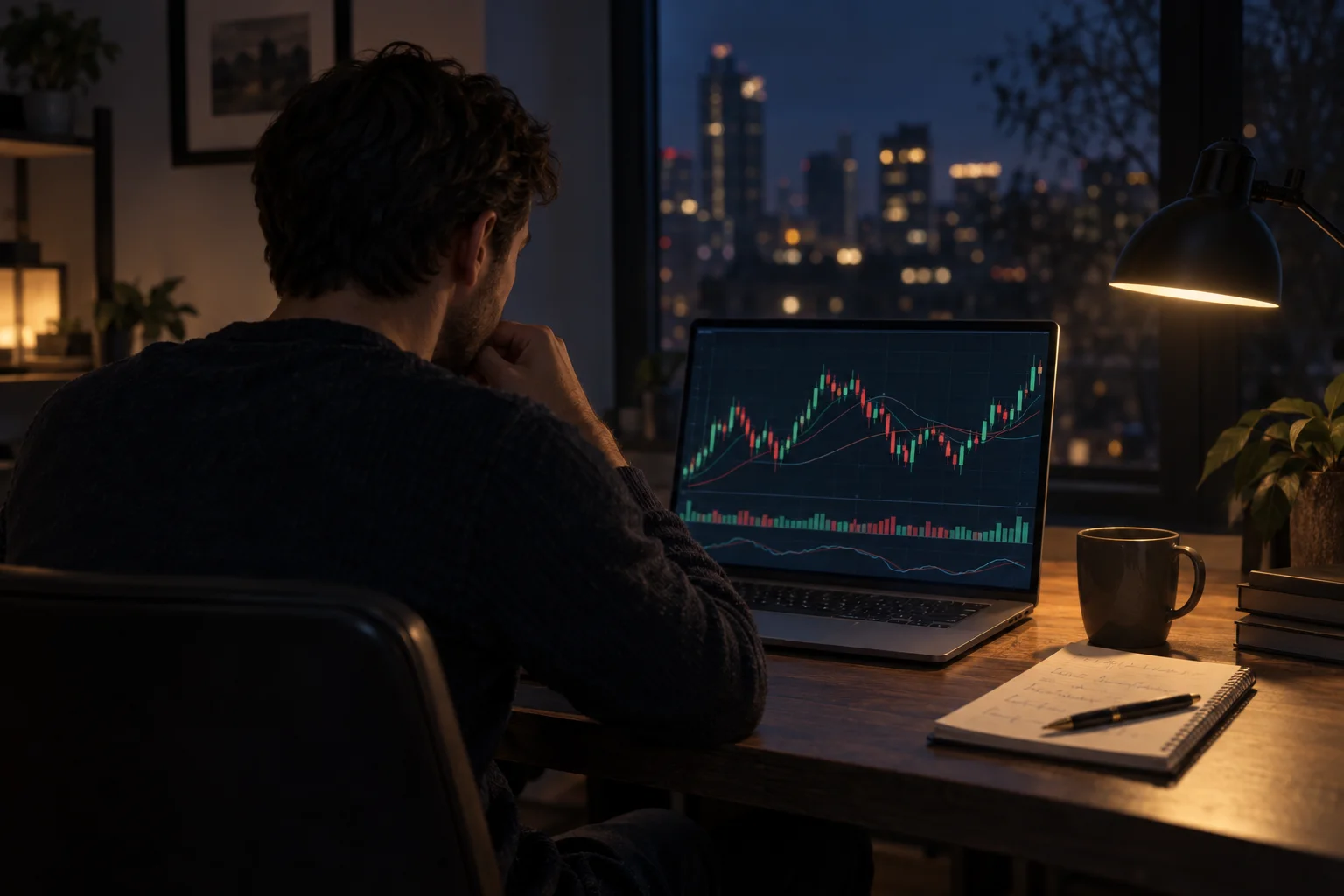 Best prop firm Black Friday deals: a trader at a desk in a dim room at night with abstract charts on a laptop, deciding whether to buy now or wait