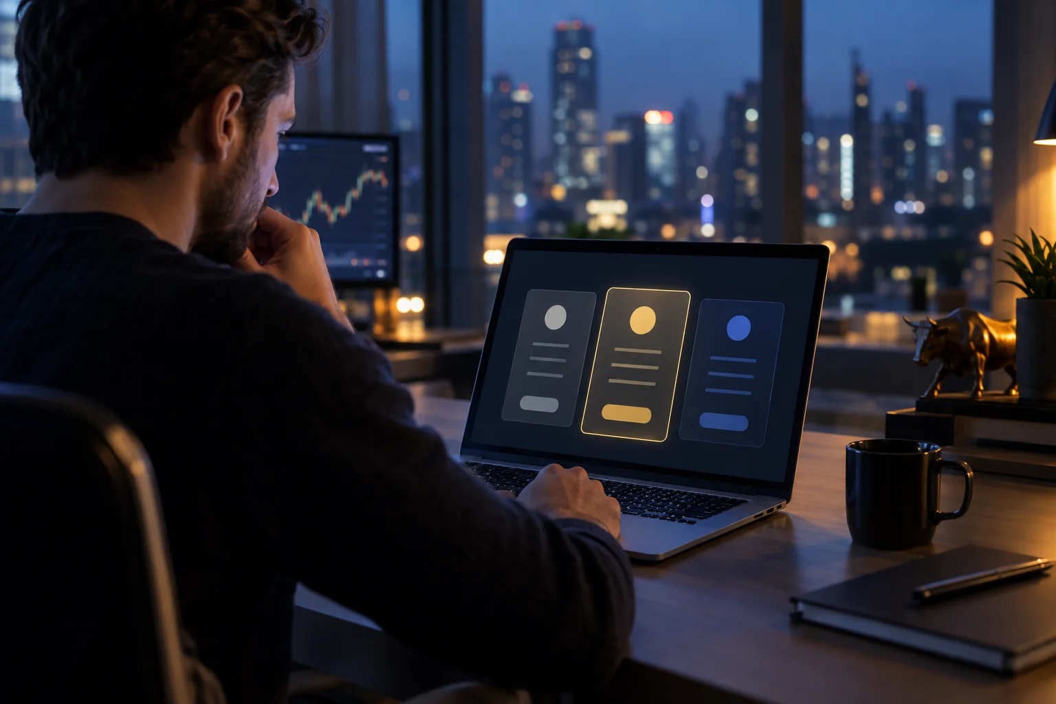 Best prop firm challenges: a trader at a desk at night choosing between three plan options on a laptop screen