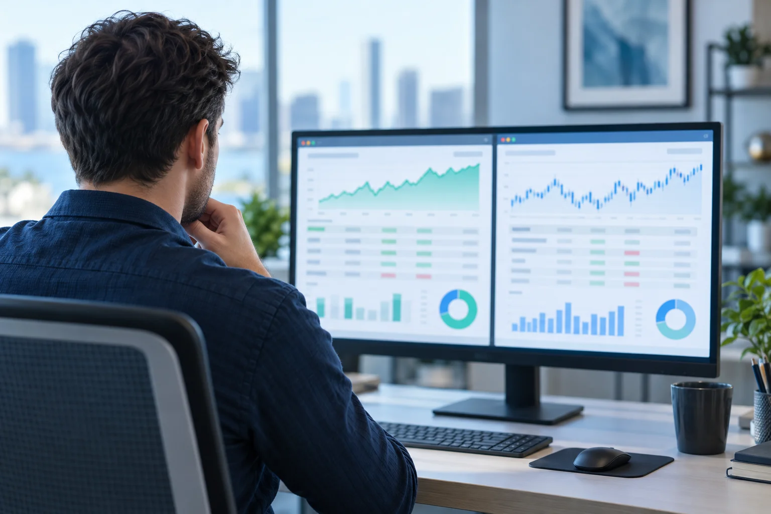 Prop firm comparison websites: a trader comparing two browser windows of firm data side by side on one monitor