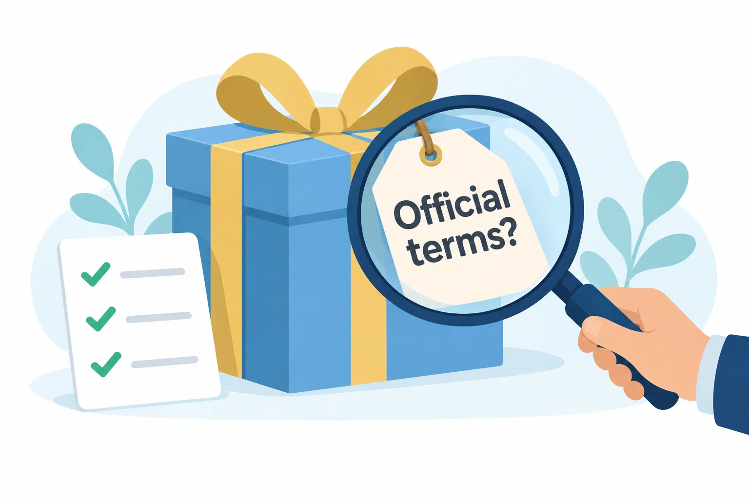 Is a free prop firm challenge giveaway legit: a gift box whose tag reads Official terms, under a magnifying glass, beside a three-tick checklist