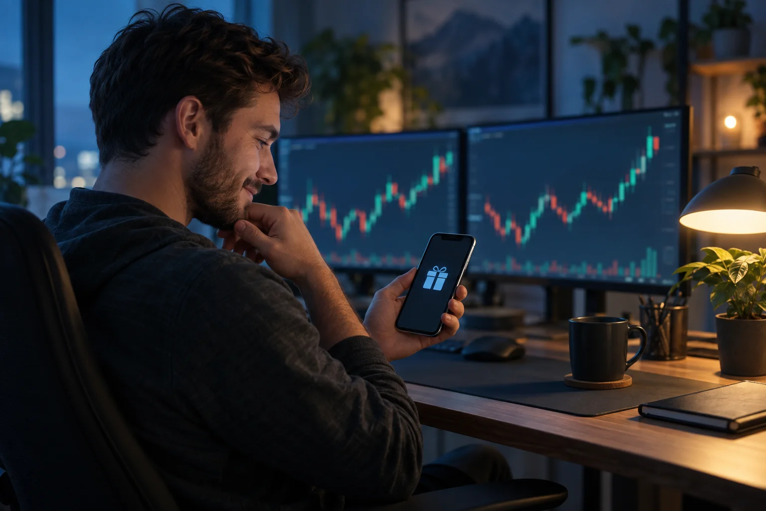 Prop firm giveaway notification: a trader at a home desk checks a phone showing a gift icon, with candlestick charts on two monitors
