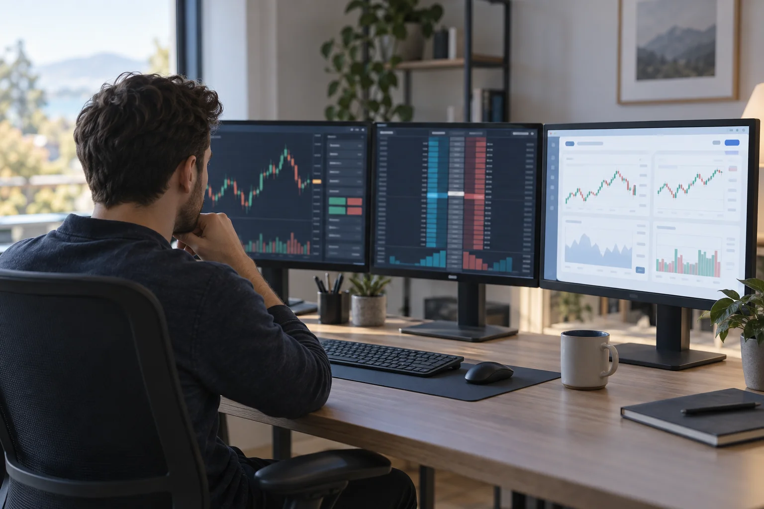 Best trading platform for prop firms: a trader at a desk with three monitors showing a chart workspace, a price ladder and a web terminal