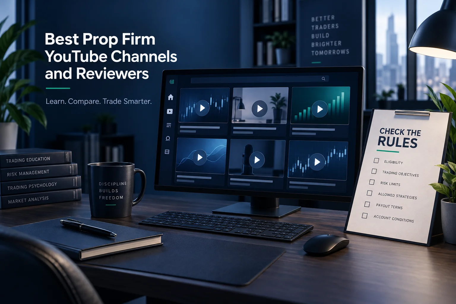 Best prop firm YouTube channels and reviewers shown as video tiles beside a current rules document