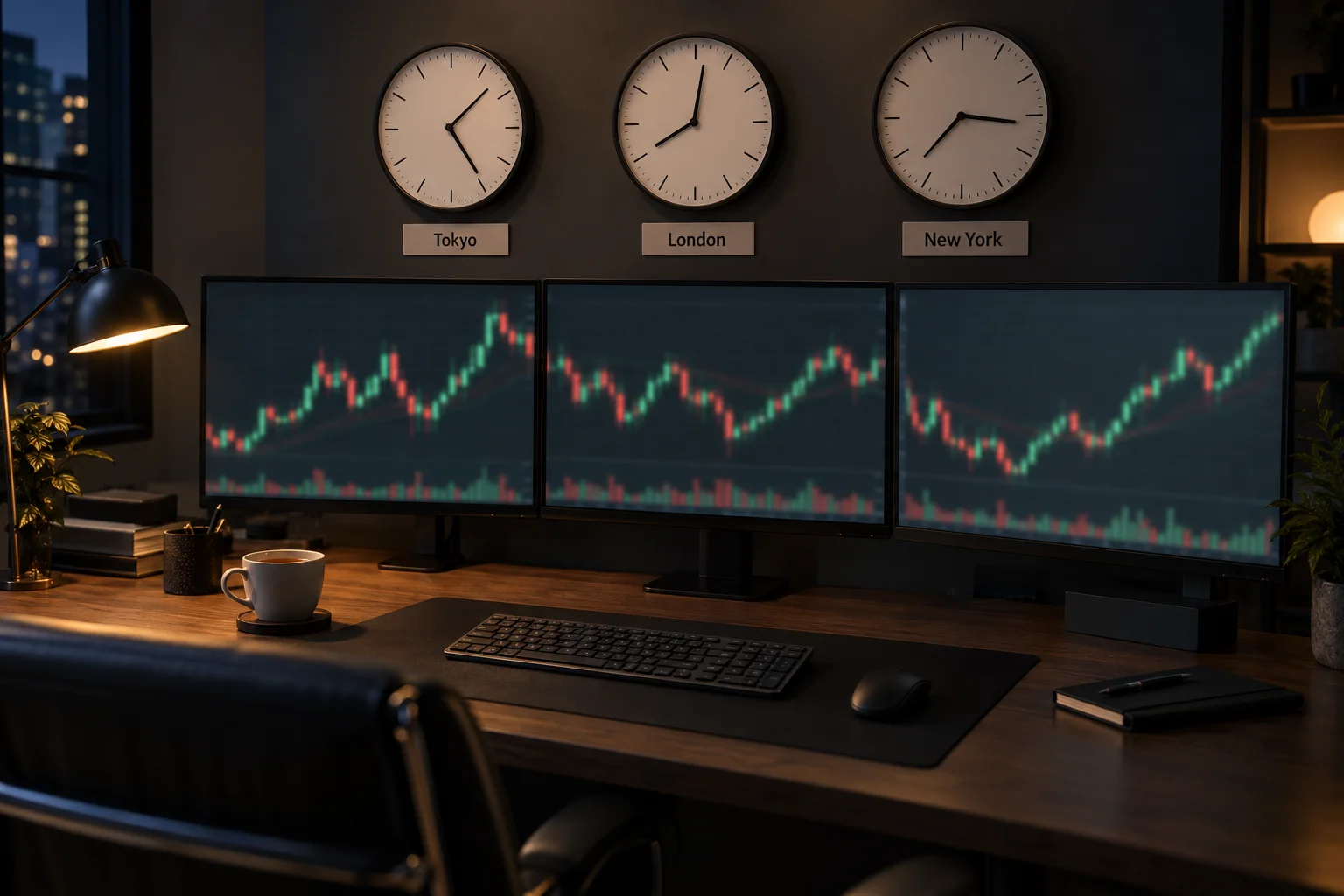 Best prop firms for Asian, London and New York session traders: a trader's desk at night under three wall clocks labelled Tokyo, London and New York