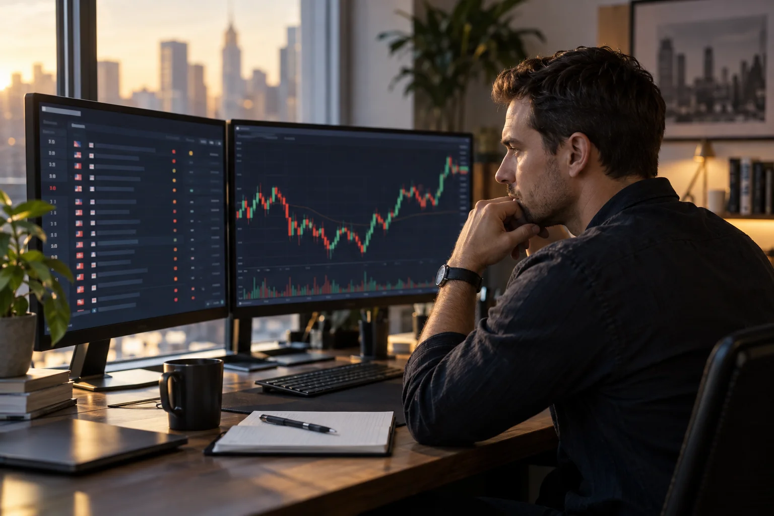Best prop firms for day trading: a trader at a desk mid-session with an economic calendar and an intraday chart on dual monitors