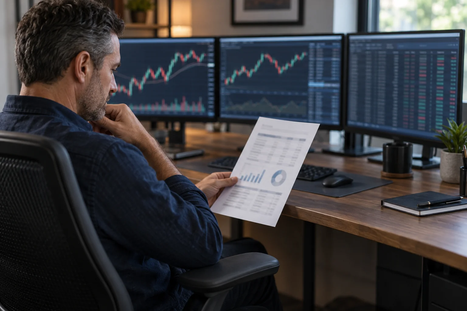 Best prop firms for experienced traders: a trader at a three-monitor desk reading a printed payout statement