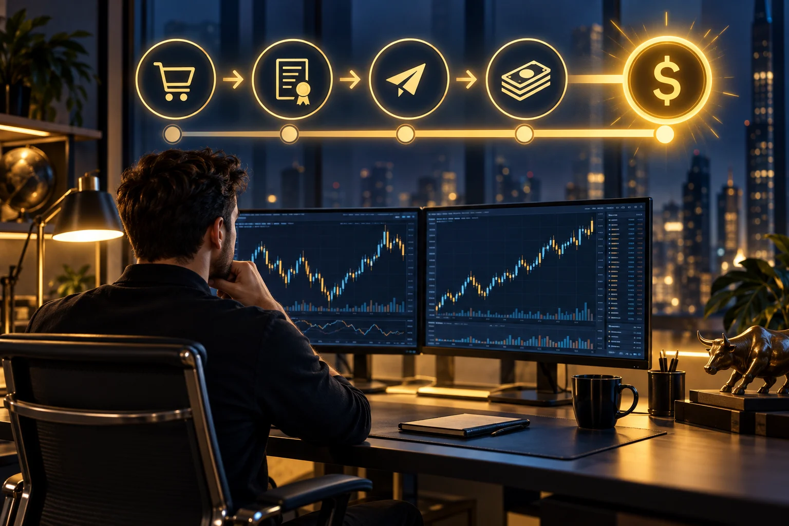 Best prop firms for fast payouts guide: a trader at a desk watches a four-stage countdown clock running from purchase to funded to requested to cash in a bank account