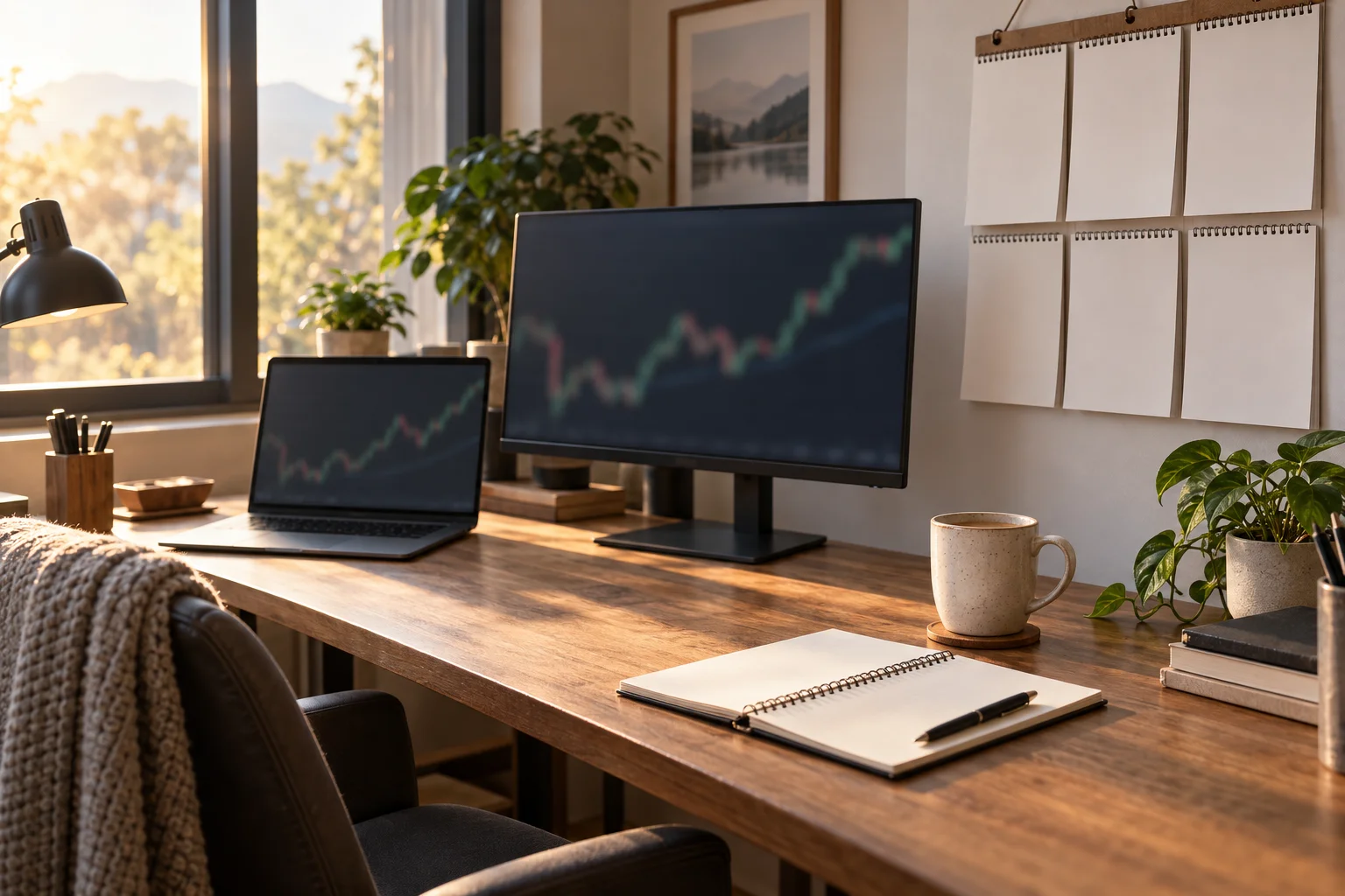 Best prop firms for full-time income: a calm home trading desk in morning light with six blank calendar months on the wall