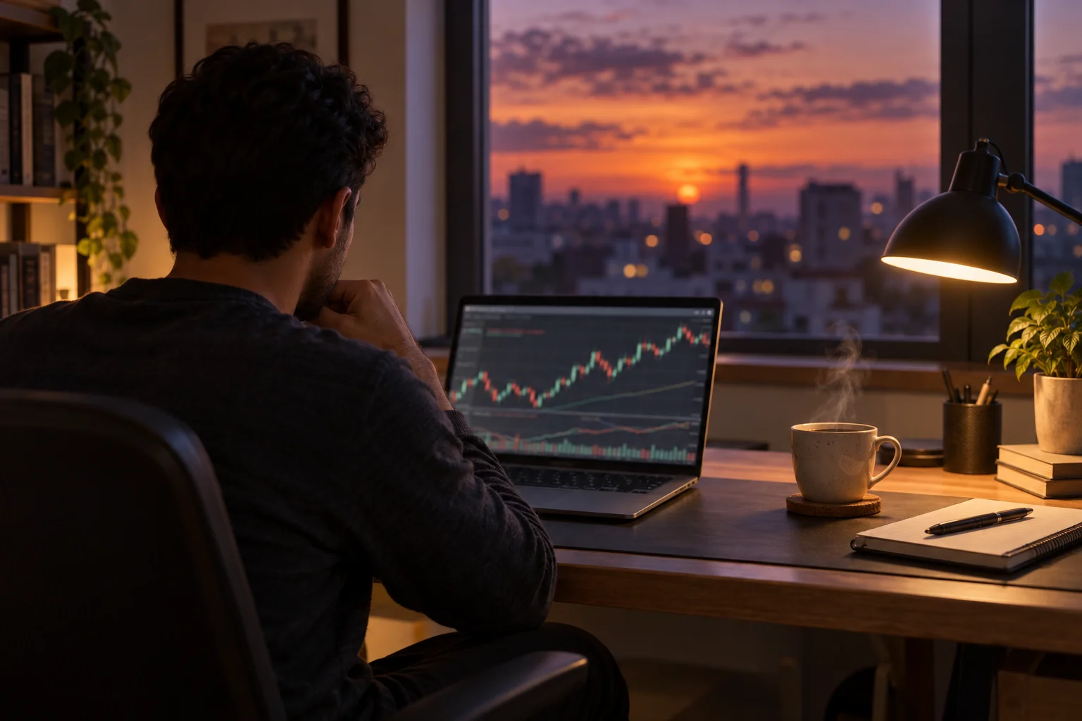 Swap-free prop firms for Muslim traders: a trader at a calm home desk at dusk with a laptop showing charts and a cup of tea