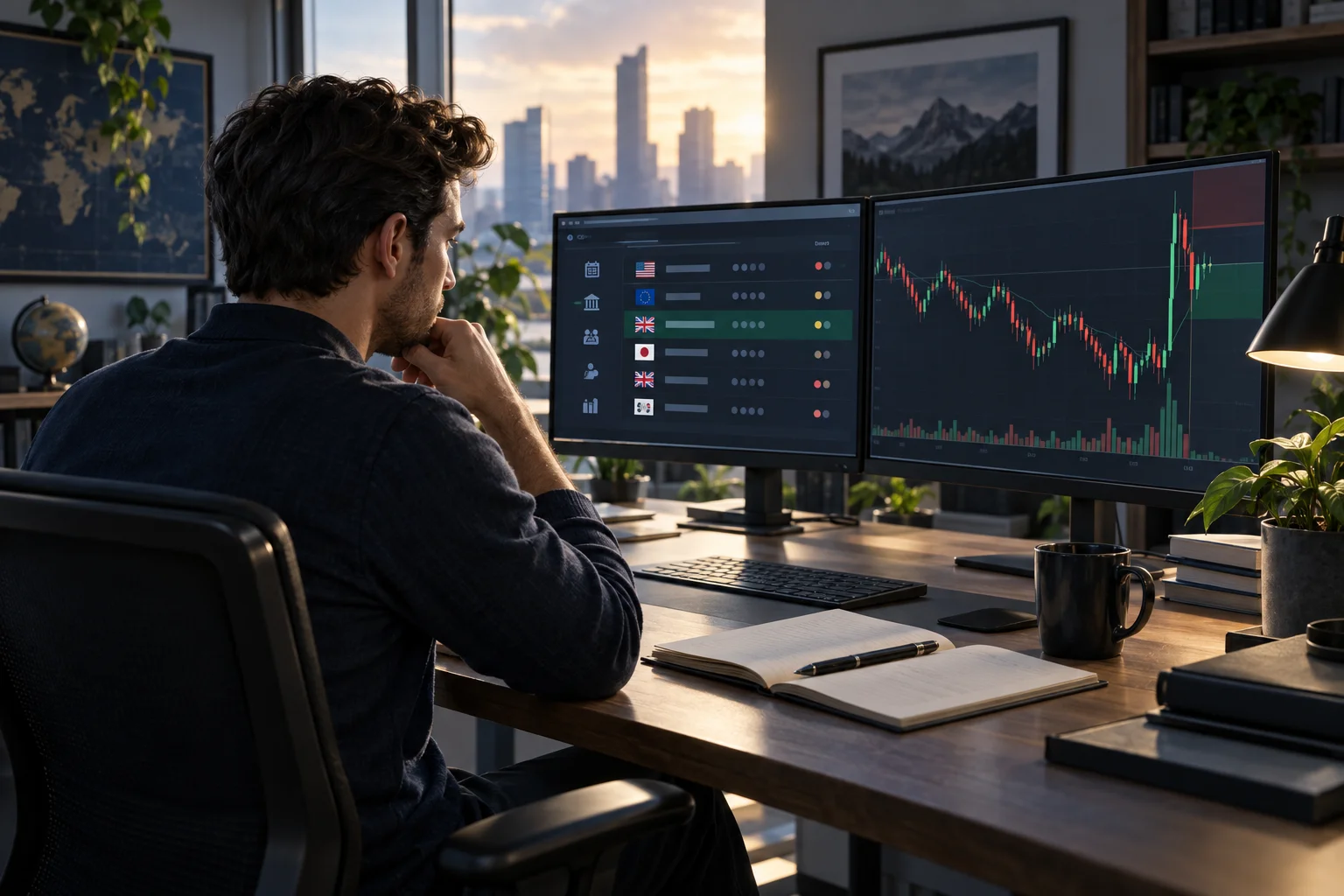 Which prop firms allow news trading illustrated by a trader watching an economic calendar and a volatile price chart