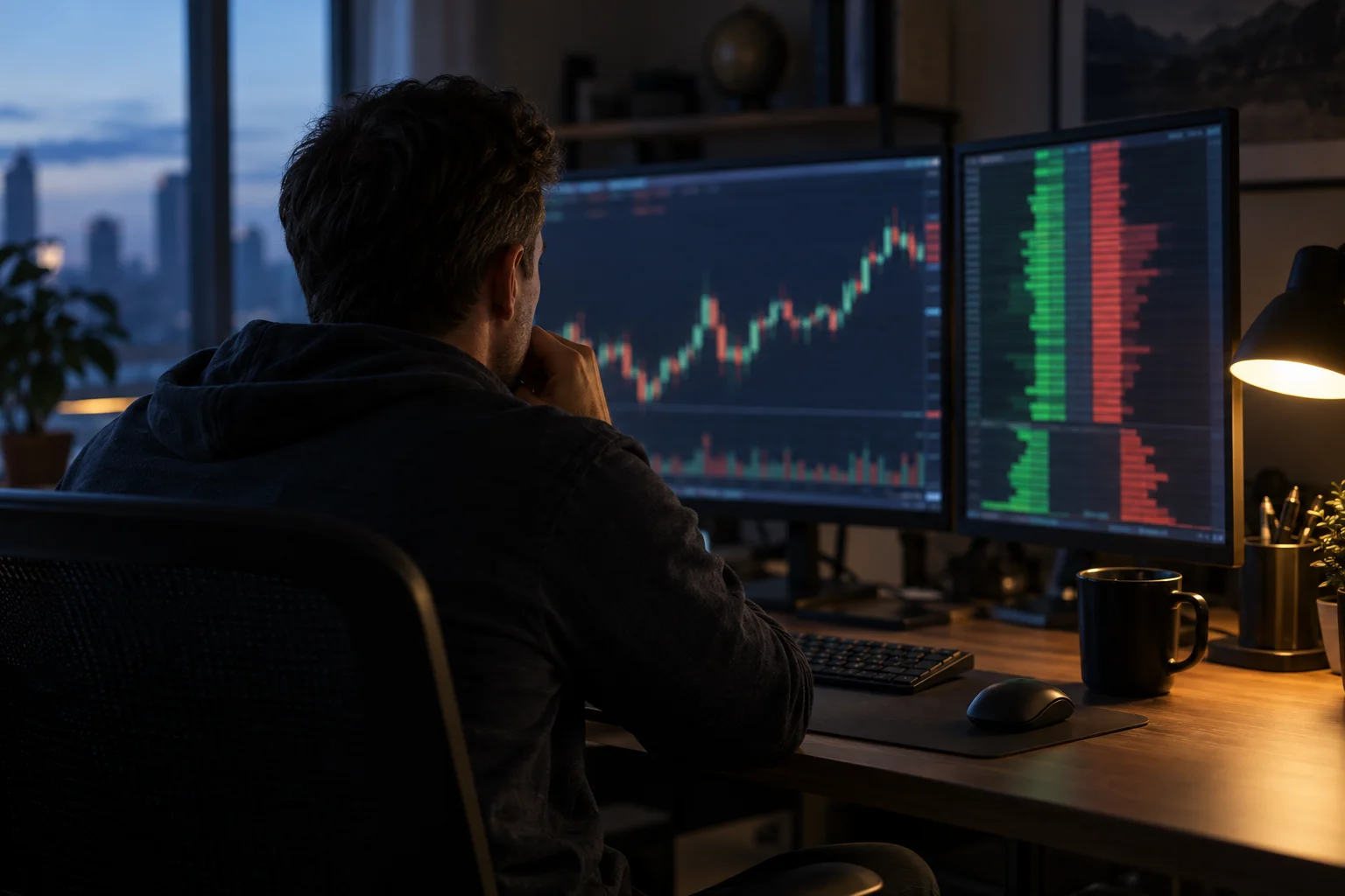Best prop firms for order flow traders: a futures trader watches a depth-of-market ladder on a second monitor before the open
