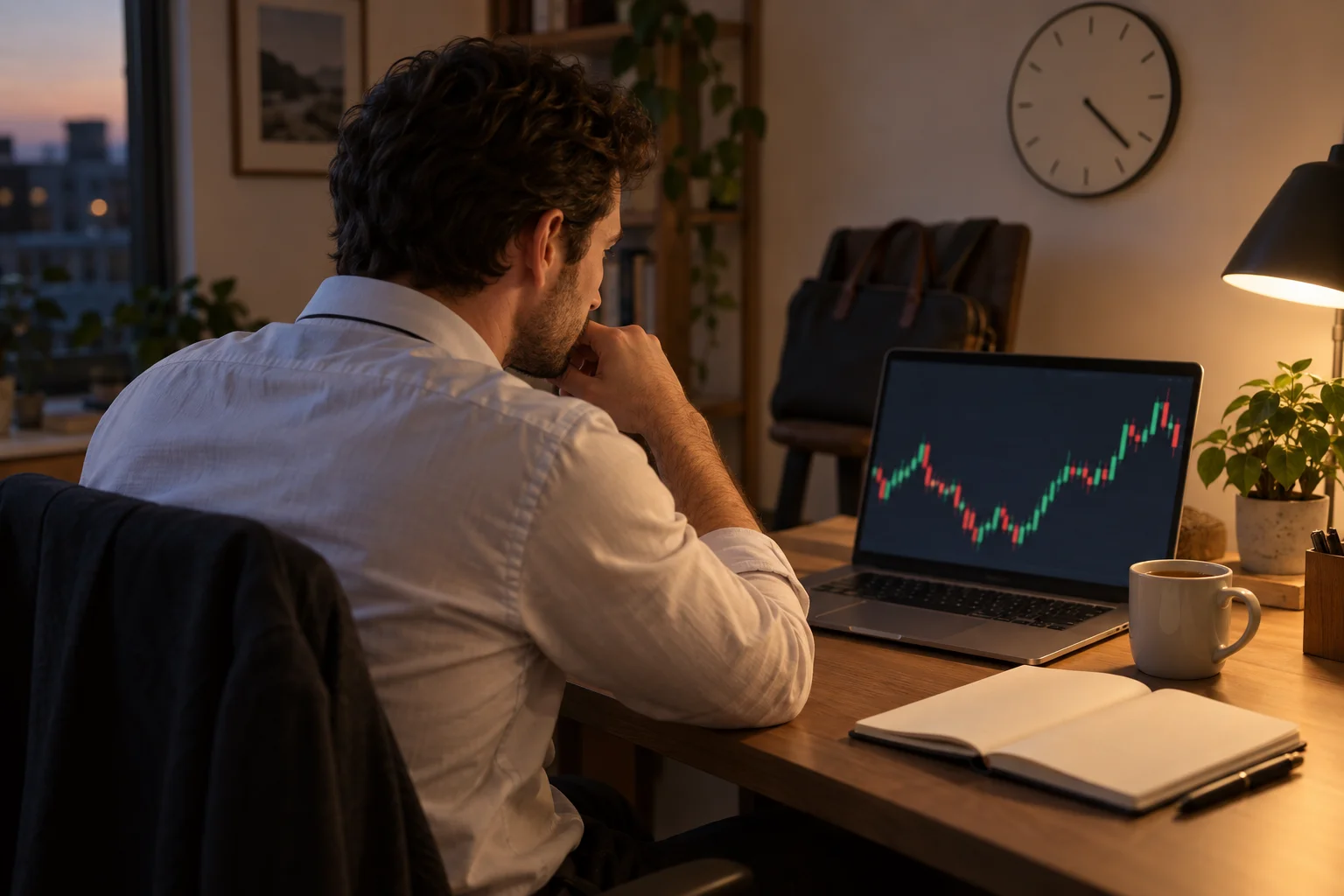 Best prop firms for part-time traders: a trader at a home desk in the evening after work, a laptop chart, a work bag and a wall clock behind