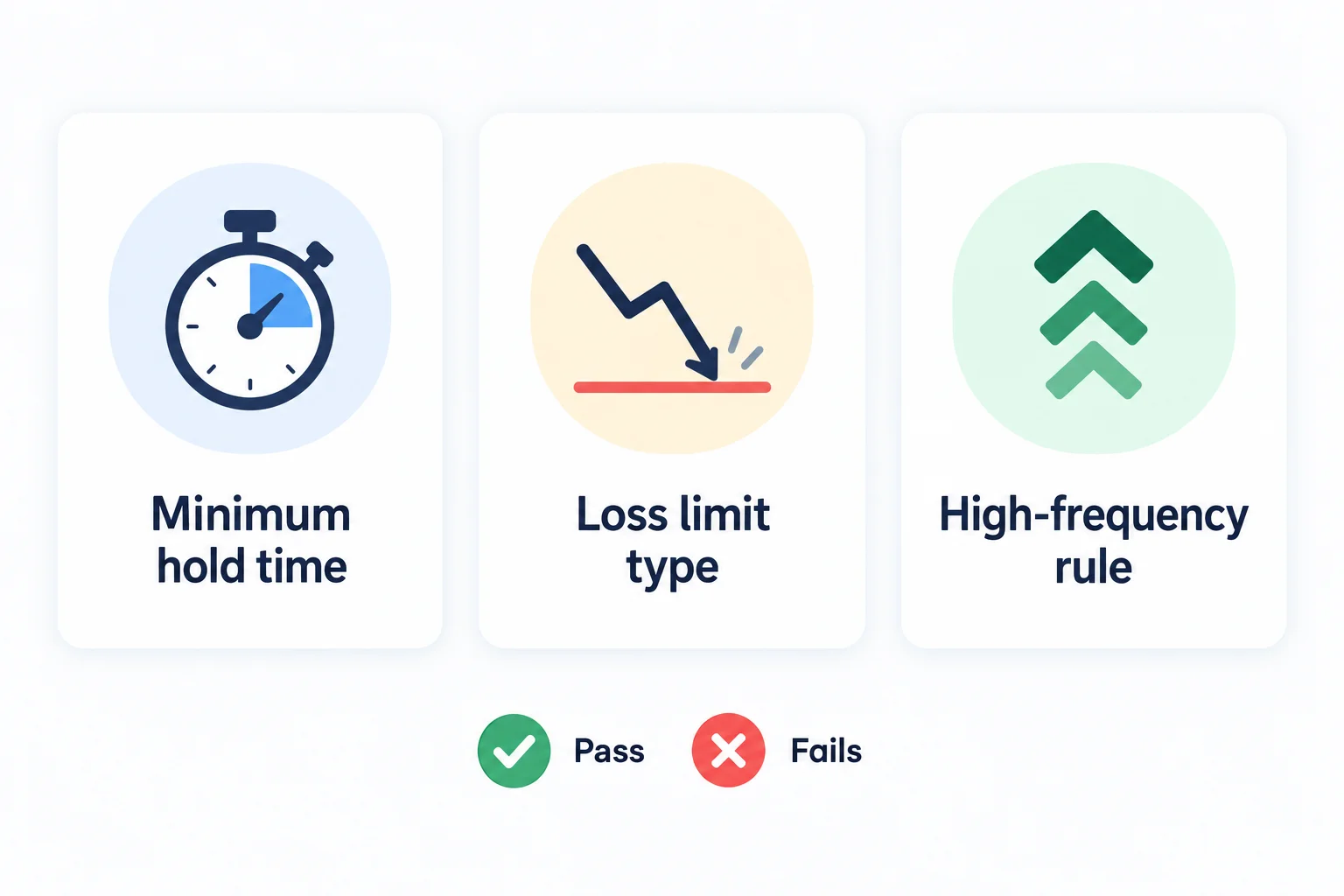 The three scalping tests we check at every prop firm: minimum hold time, loss limit type and high-frequency rule, each marked pass or fails
