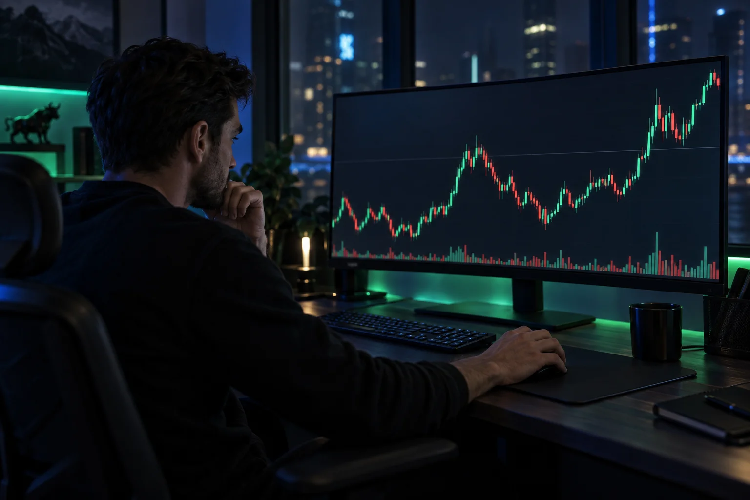 Best prop firms for scalping: a trader at a desk at night watching a fast one-minute candlestick chart
