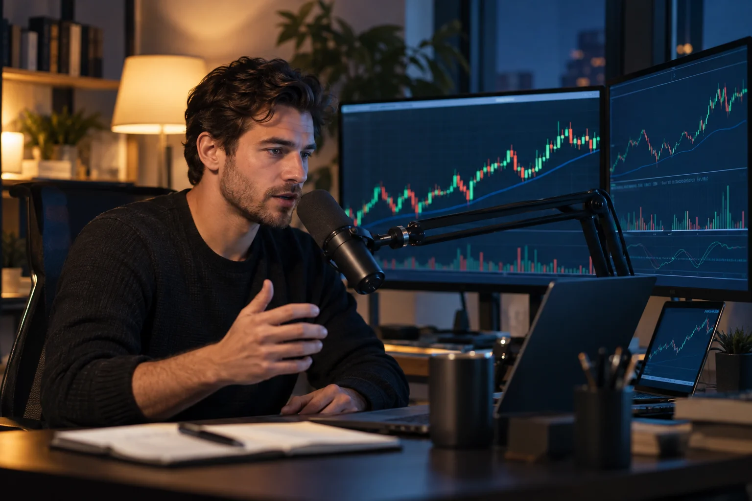 Prop firms for signal providers: a trader at a desk speaks into a microphone while candlestick charts glow on his monitors