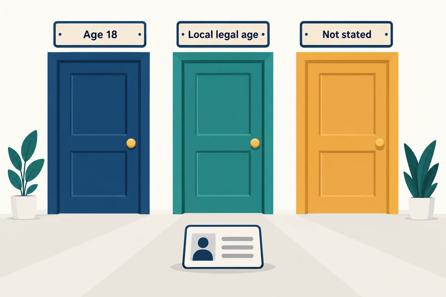 Prop firm age rules for students: three doors labelled Age 18, Local legal age and Not stated, with an ID card in front