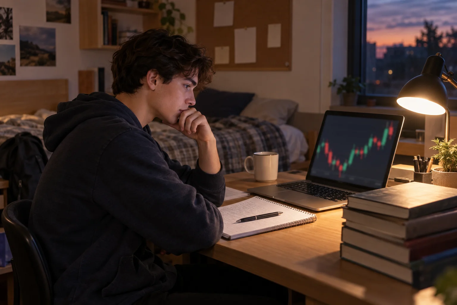 Best prop firms for students: a young adult studying at a dorm room desk with textbooks and a laptop showing a price chart