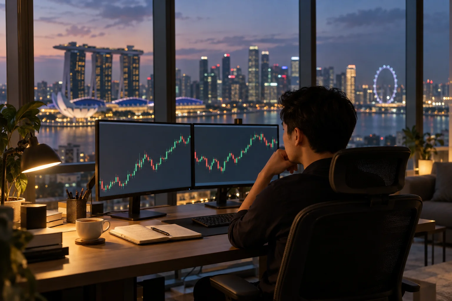 Best prop firms for traders in Asia: a trader at a desk in a Singapore apartment at dusk, charts on two screens and Marina Bay lights outside