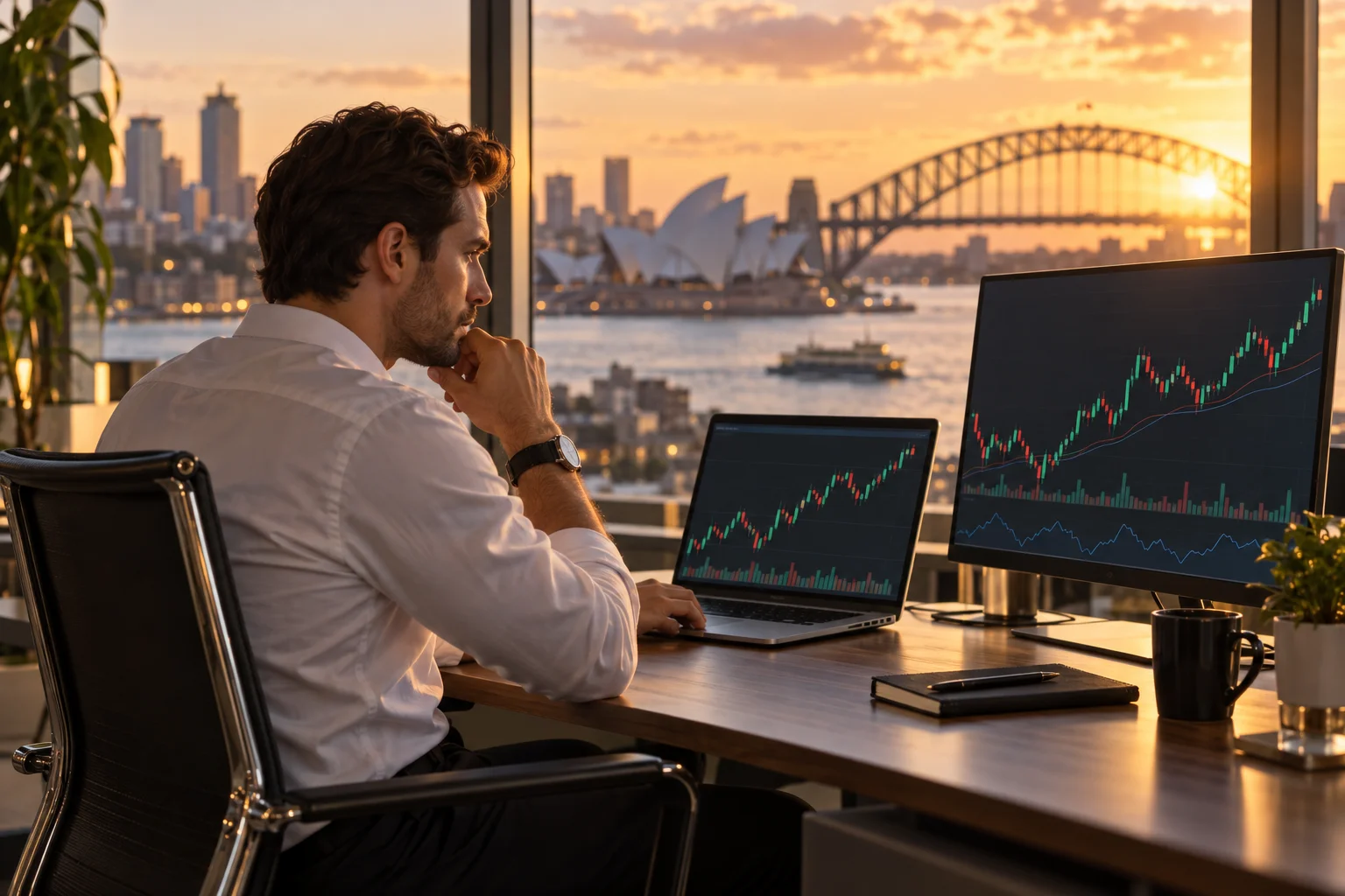 Best prop firms for traders in Australia: a trader at a desk in Sydney with charts on two screens and the harbour, Opera House and Harbour Bridge outside the window