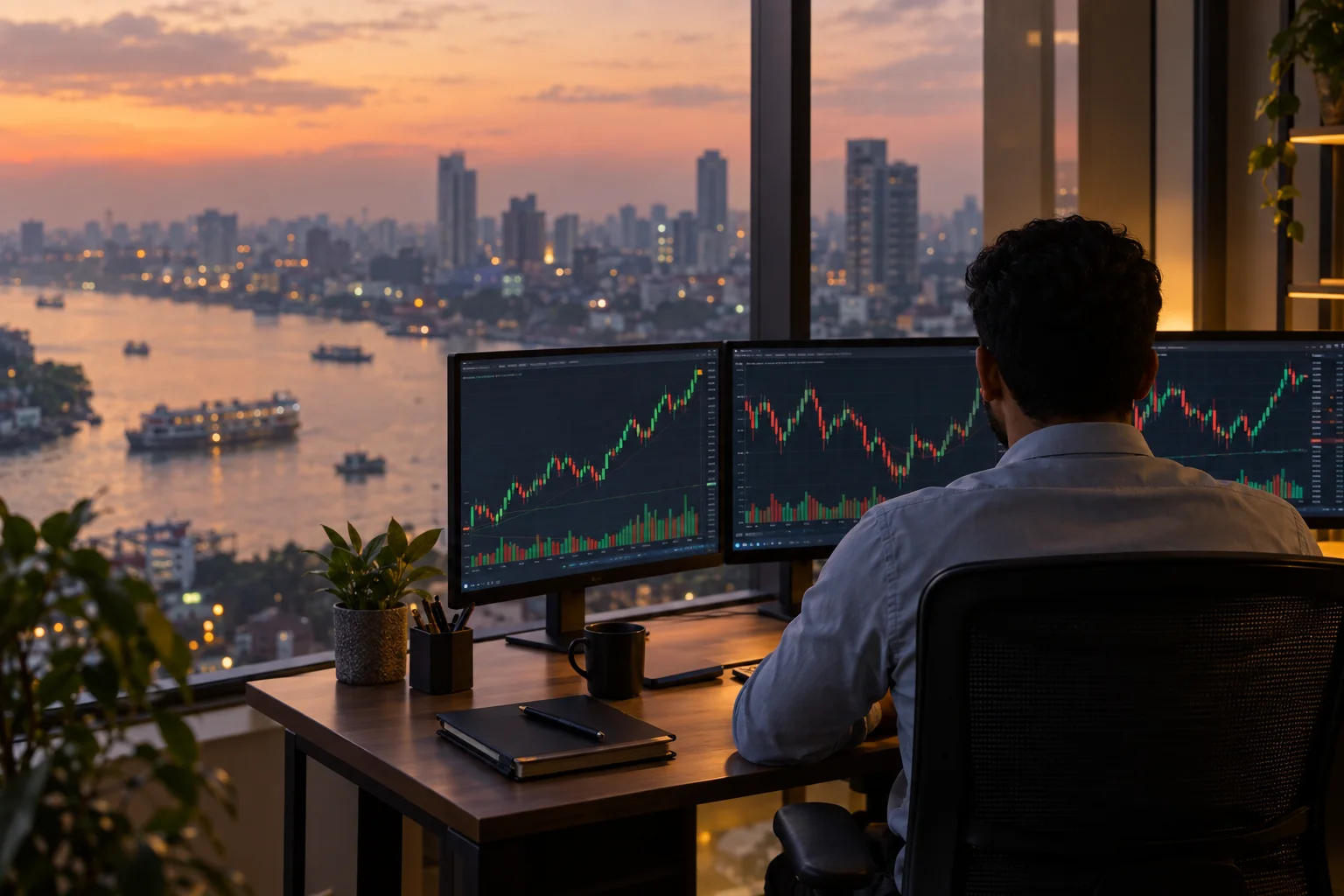 Best prop firms for traders in Bangladesh: a trader at a desk in a Dhaka high-rise at dusk, charts on three screens and the river and city lights outside
