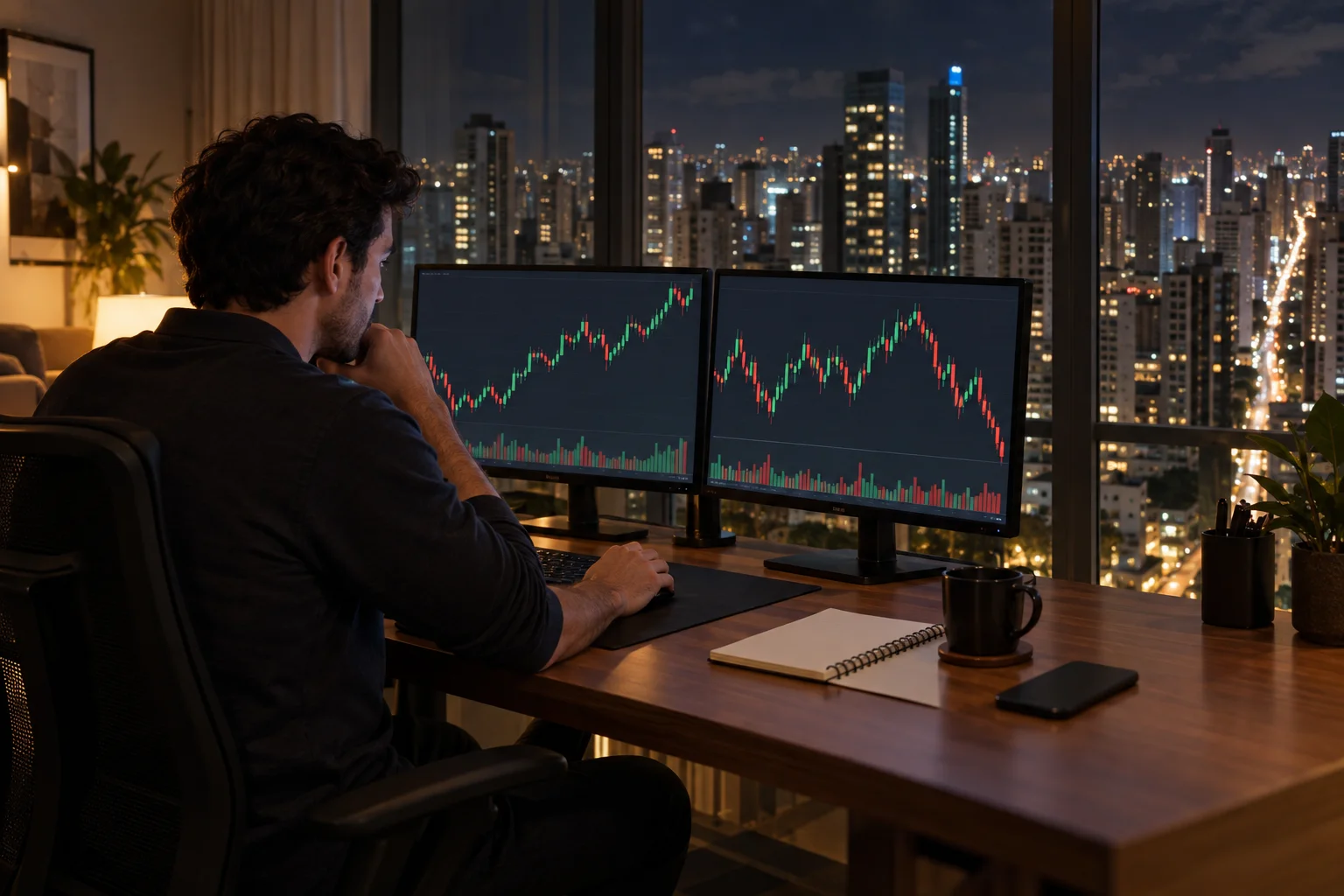 Best prop firms for traders in Brazil: a trader at a desk in a São Paulo apartment at night, charts on two screens and the city lights outside