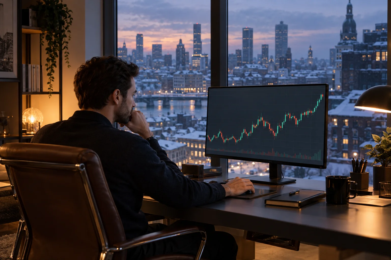 Best prop firms for traders in Canada, a trader at a desk by a window with a snowy city skyline outside