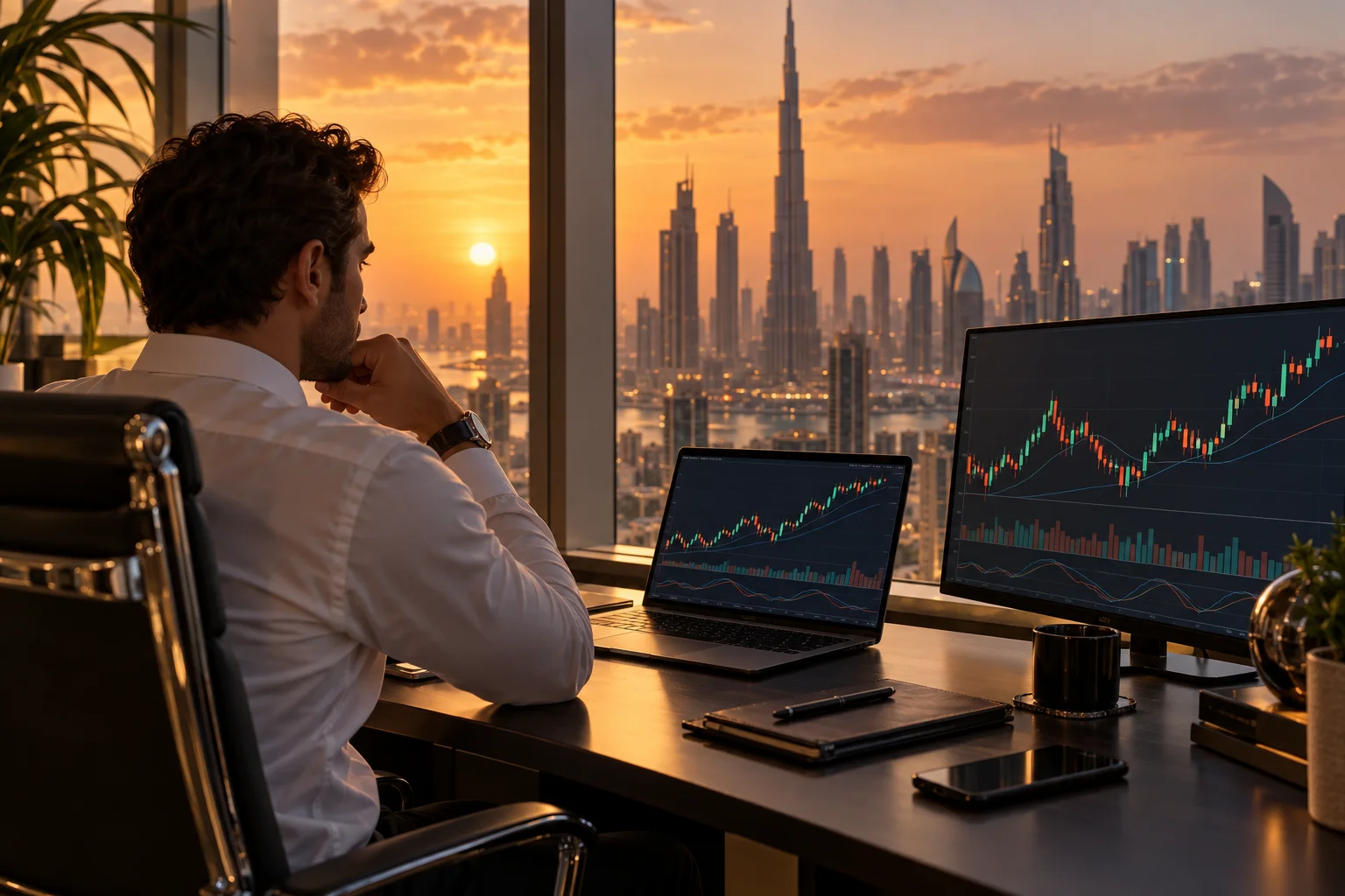 Best prop firms for traders in Dubai and the UAE, a trader at a desk at dusk with a Dubai skyline through the window and trading charts with no numbers
