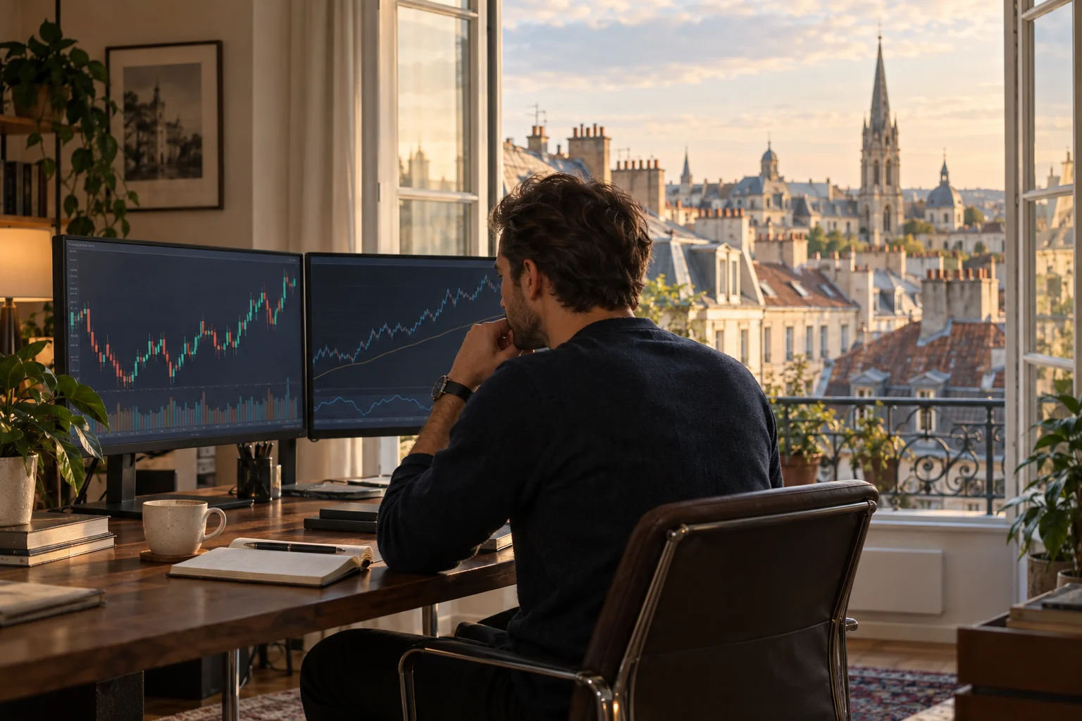 Best prop firms for traders in Europe: a trader at a desk in a European city apartment with charts on two screens and old rooftops and a church spire outside the window