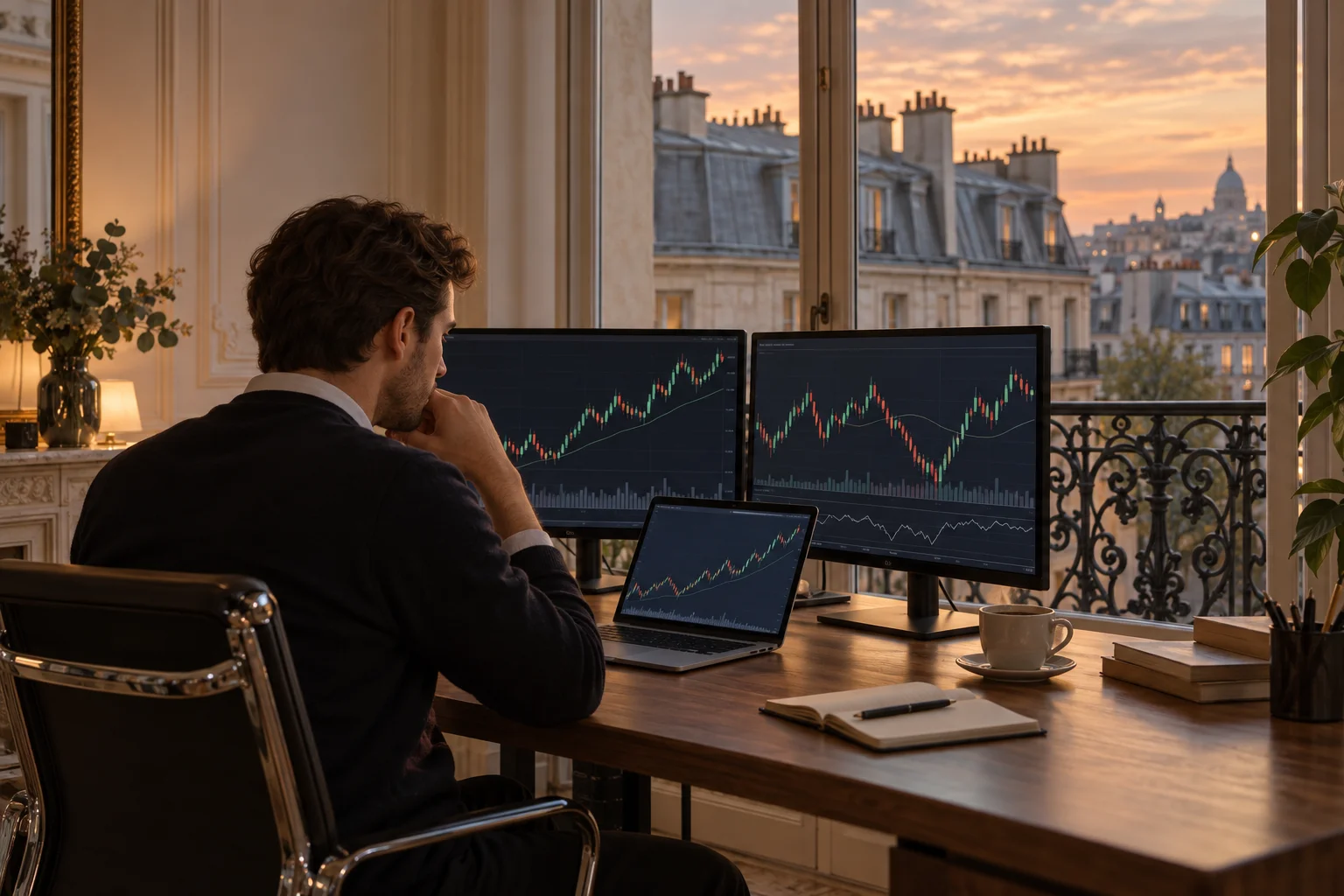 Best prop firms for traders in France: a trader at a desk in a Paris apartment with charts on two screens and zinc rooftops outside the window
