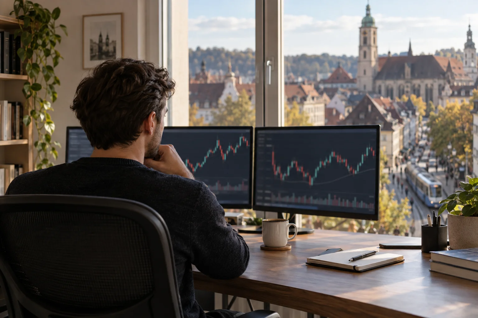Best prop firms for traders in Germany: a trader at a home desk in a German city apartment with charts on two screens, old rooftops, a church tower and a tram outside the window