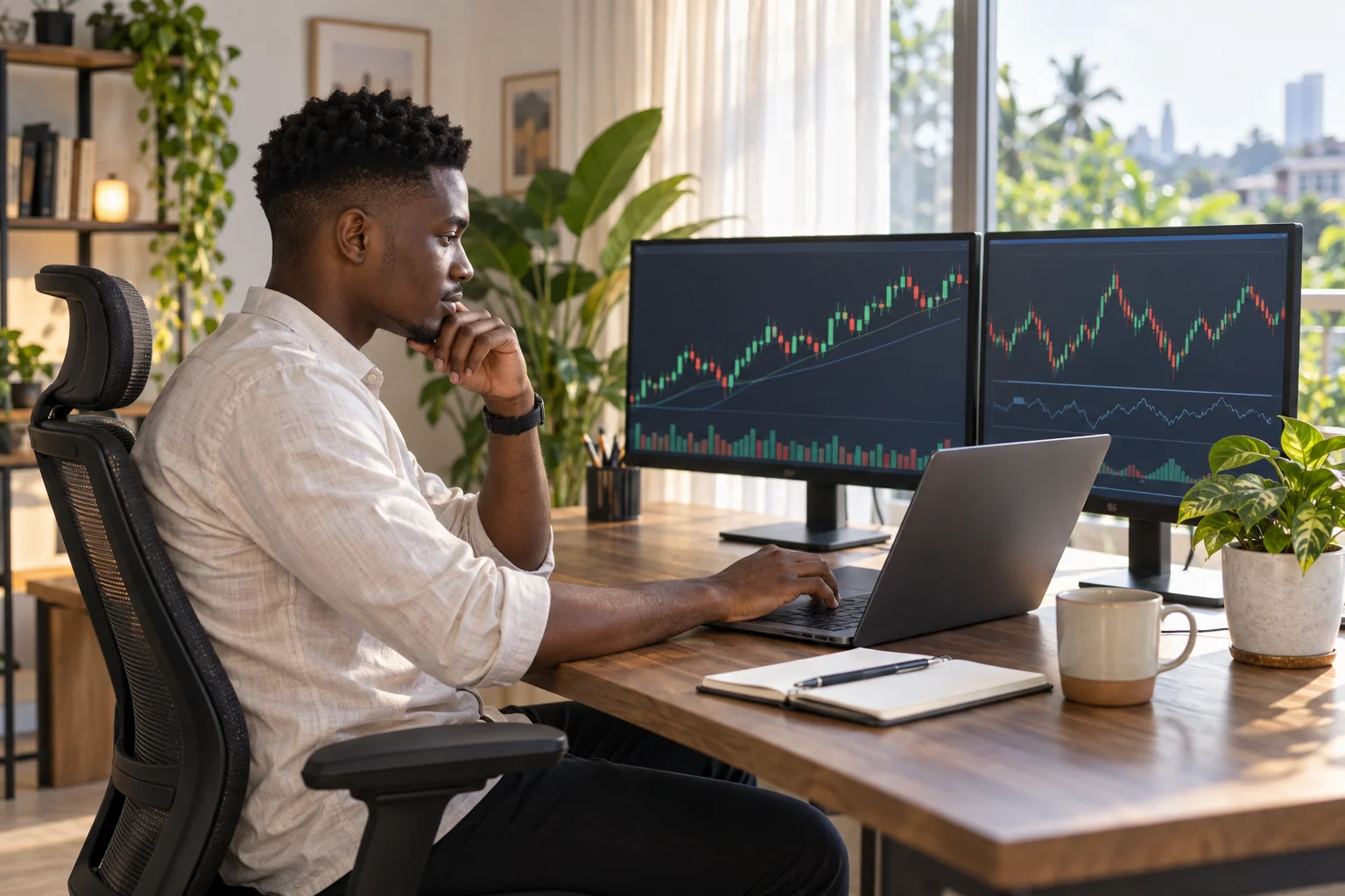 Best prop firms for traders in Ghana: a trader at a desk in a bright home office in Accra with candlestick charts on two screens