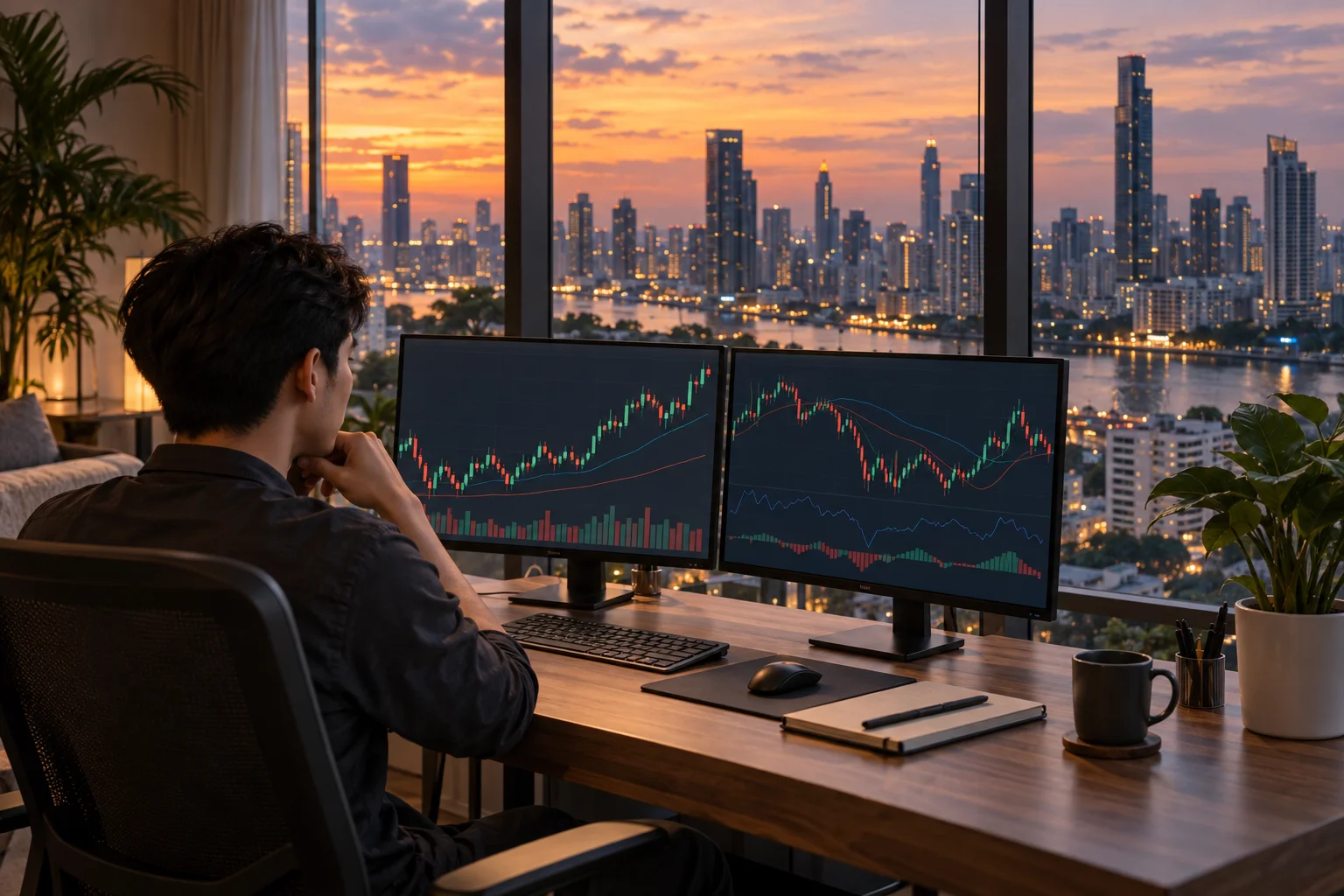 Best prop firms for traders in Indonesia: a trader at a desk in a bright apartment watching charts on two screens with a city skyline at dusk