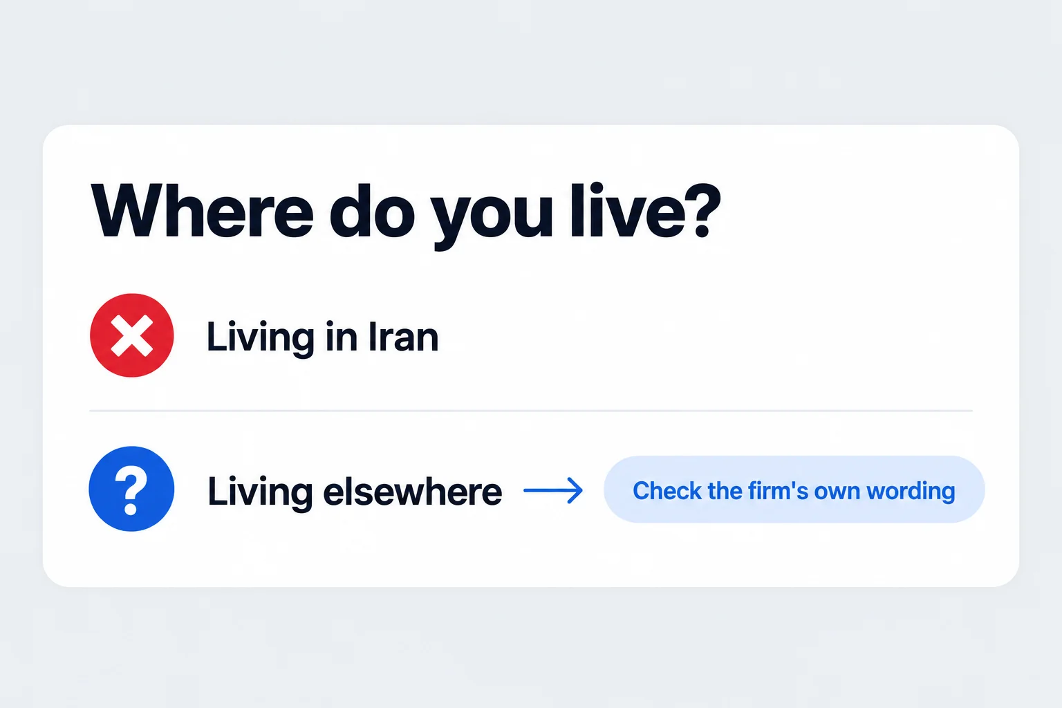 Prop firms and Iran decision card, living in Iran is a cross, living elsewhere means checking the prop firm's own wording