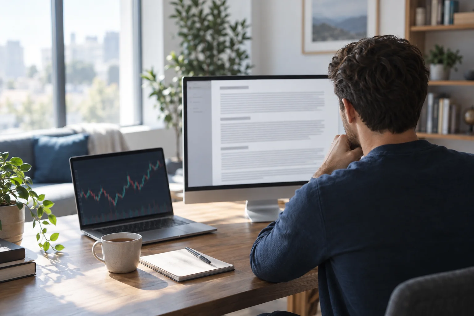 Prop firms for Iranian traders, a trader living abroad reads a prop firm's terms and conditions on a monitor in a bright apartment