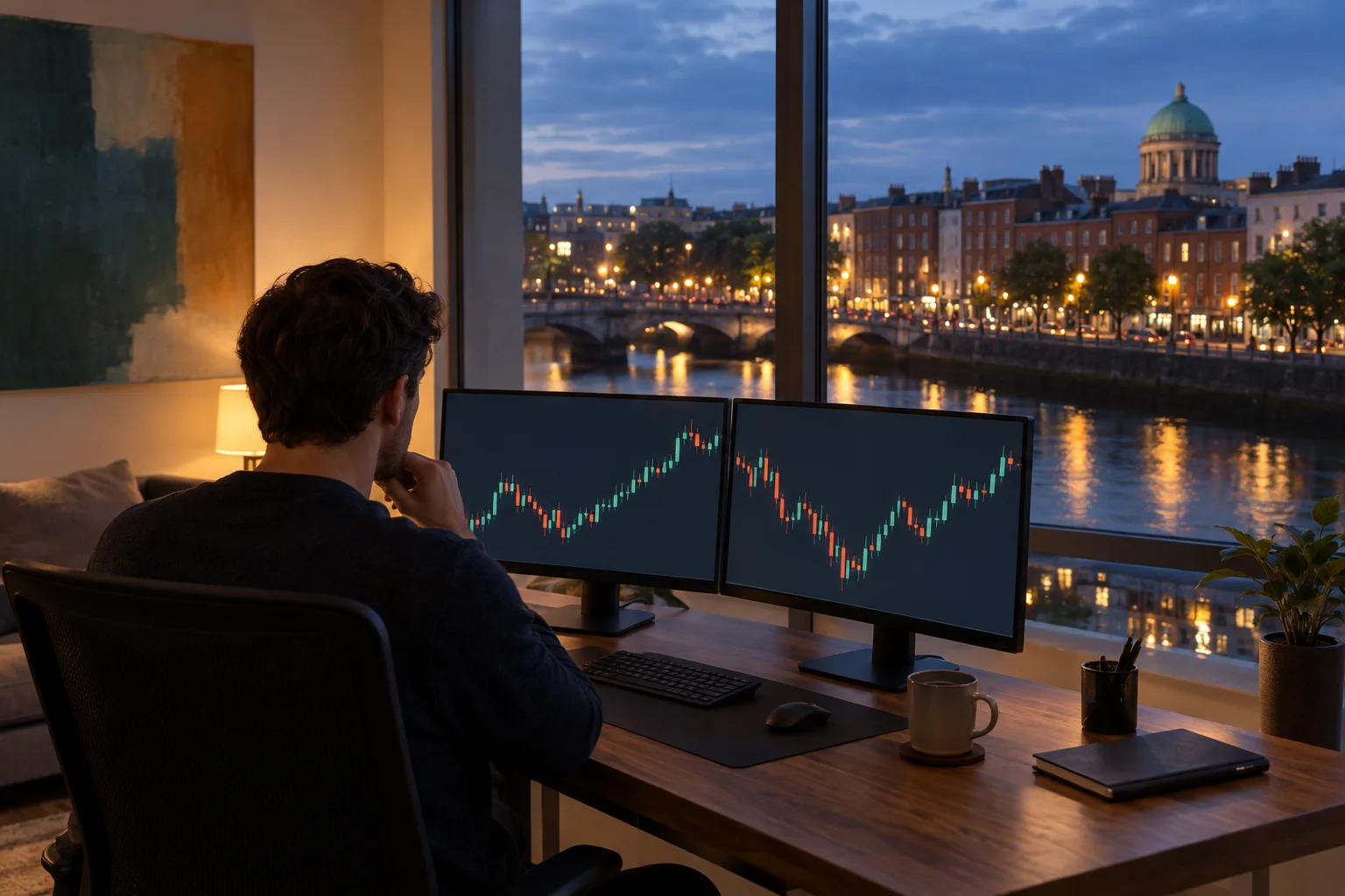 Best prop firms for traders in Ireland: a trader at a desk in a Dublin apartment at dusk, charts on two screens and the River Liffey outside