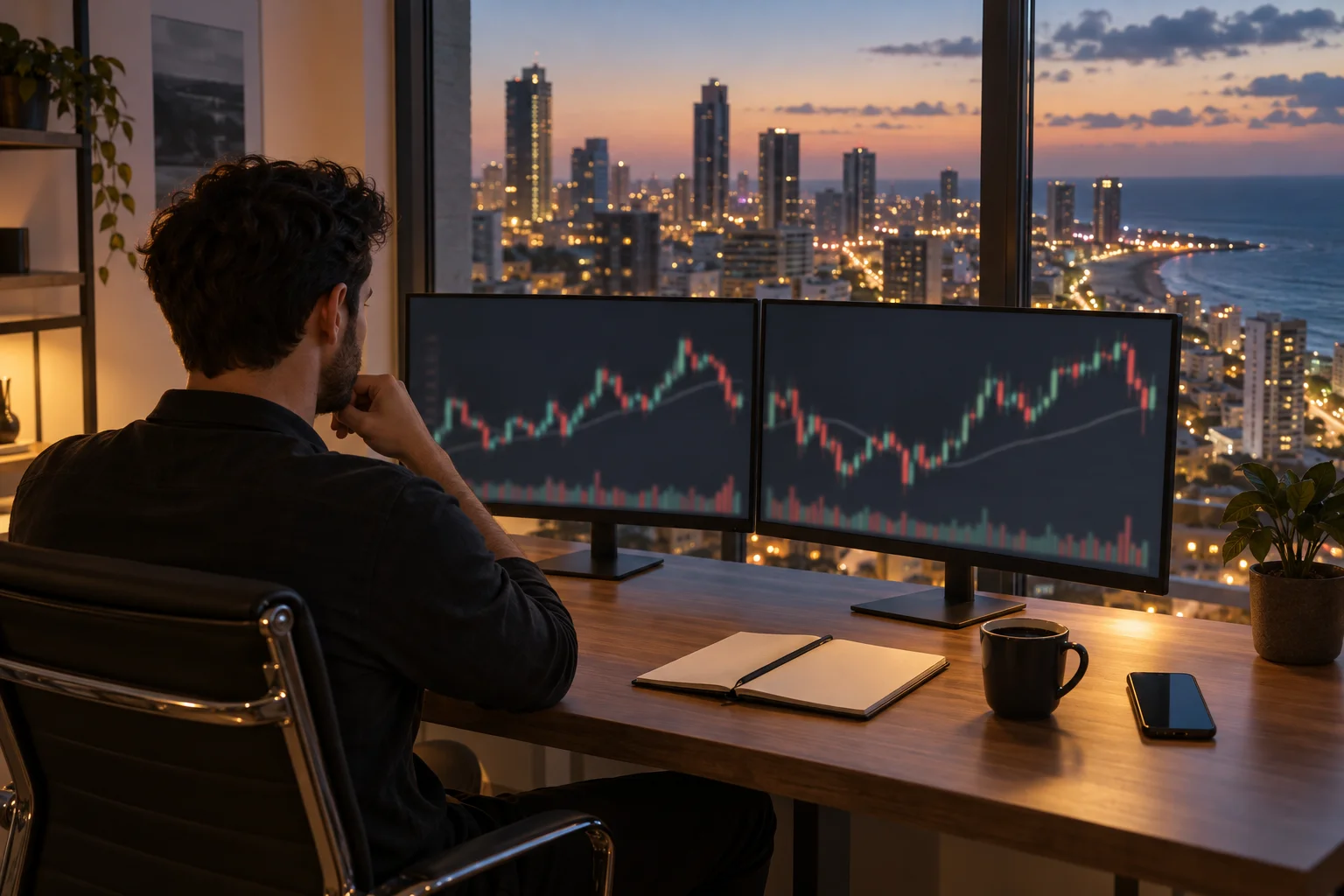 Best prop firms for traders in Israel: a trader at a desk in a Tel Aviv apartment at dusk, charts on two screens and the city lights and sea outside
