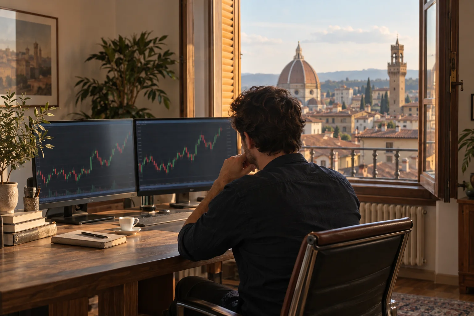 Best prop firms for traders in Italy: a trader at a desk in an Italian city apartment with charts on two screens and a cathedral dome and bell tower outside the window