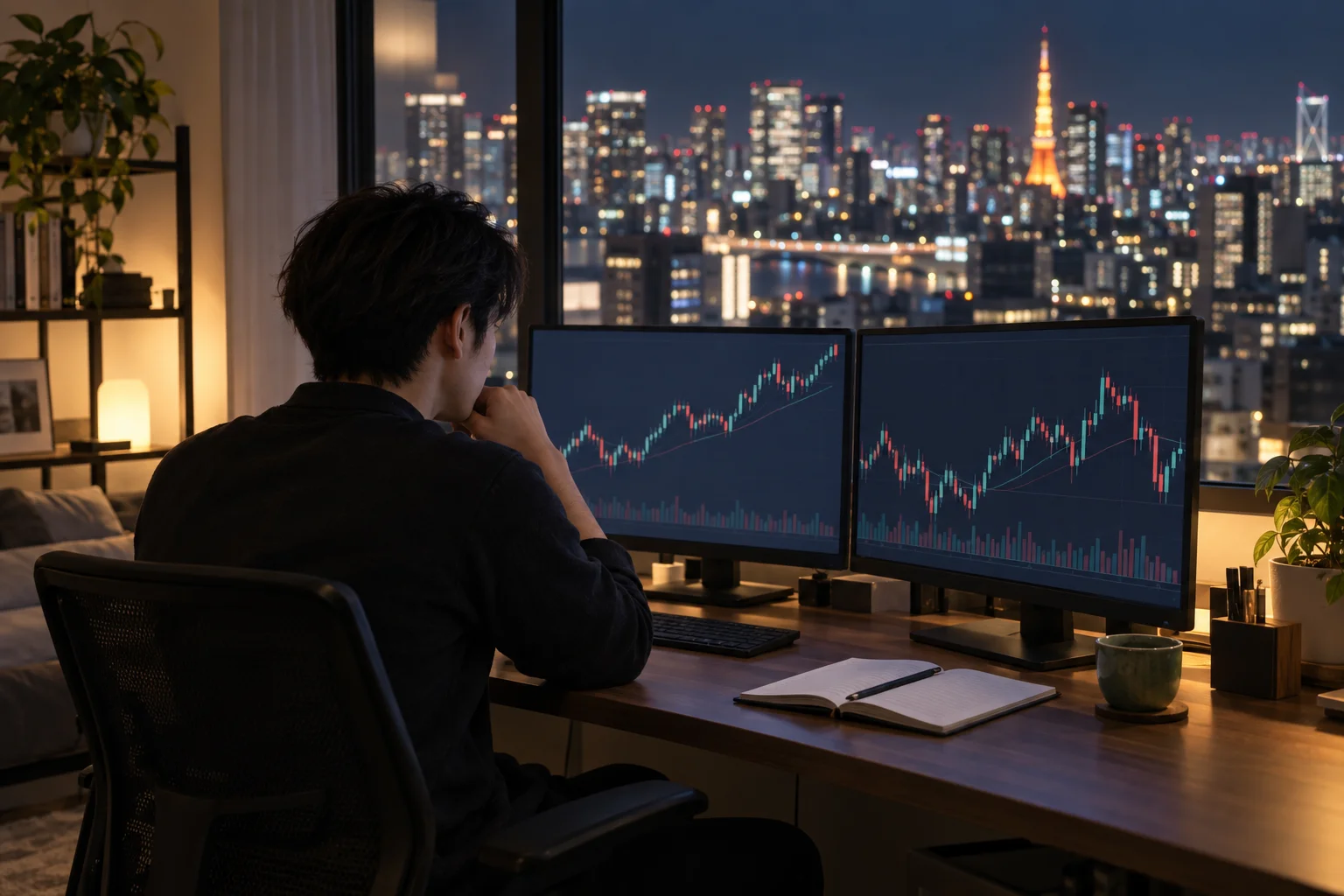 Best prop firms for traders in Japan: a trader at a desk in a Tokyo apartment at night, charts on two screens and the city lights outside