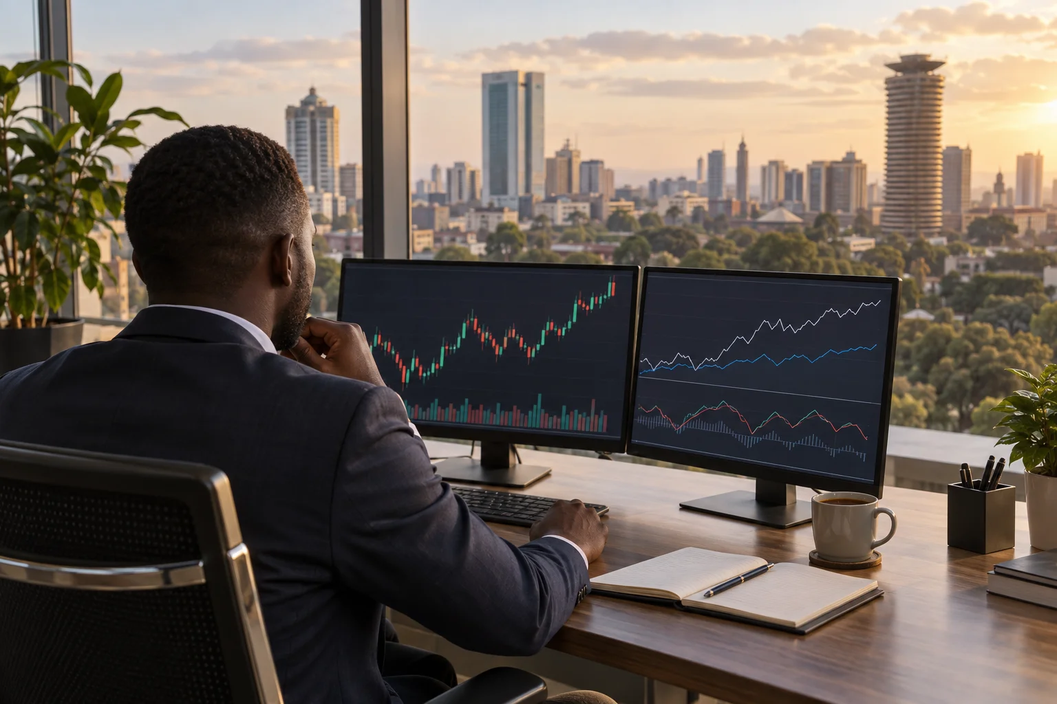 Best prop firms for traders in Kenya: a trader at a desk in Nairobi with charts on two screens and the city skyline outside the window