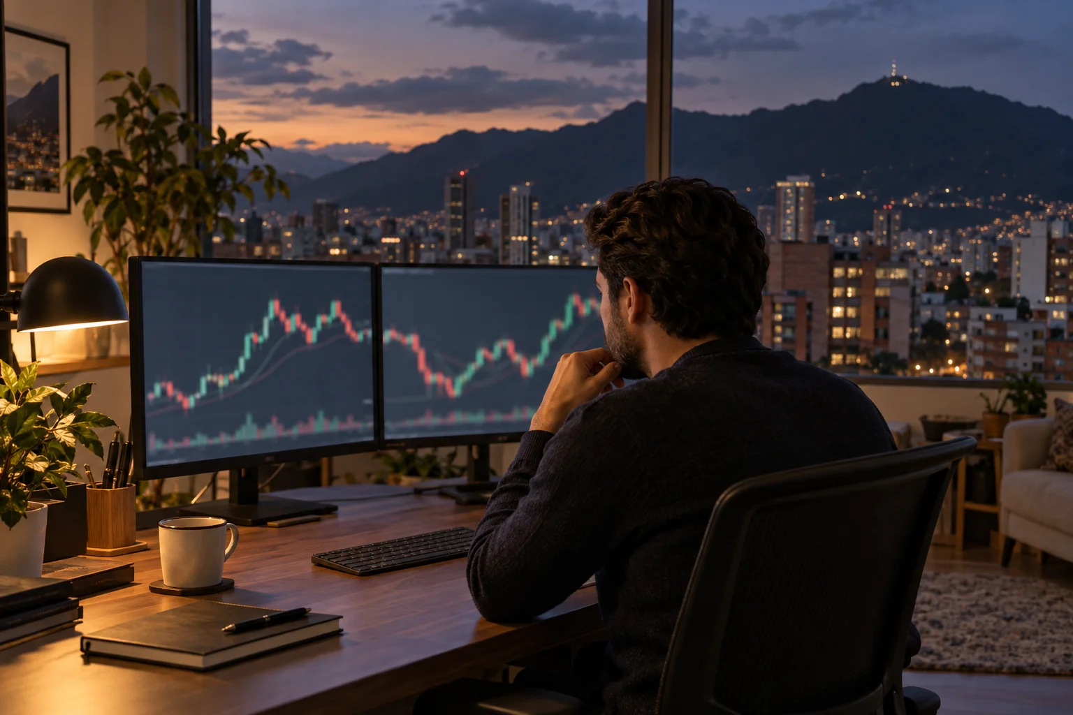 Best prop firms for traders in Latin America: a trader at a desk in a Bogota apartment at dusk, charts on two screens and the city lights and mountains outside