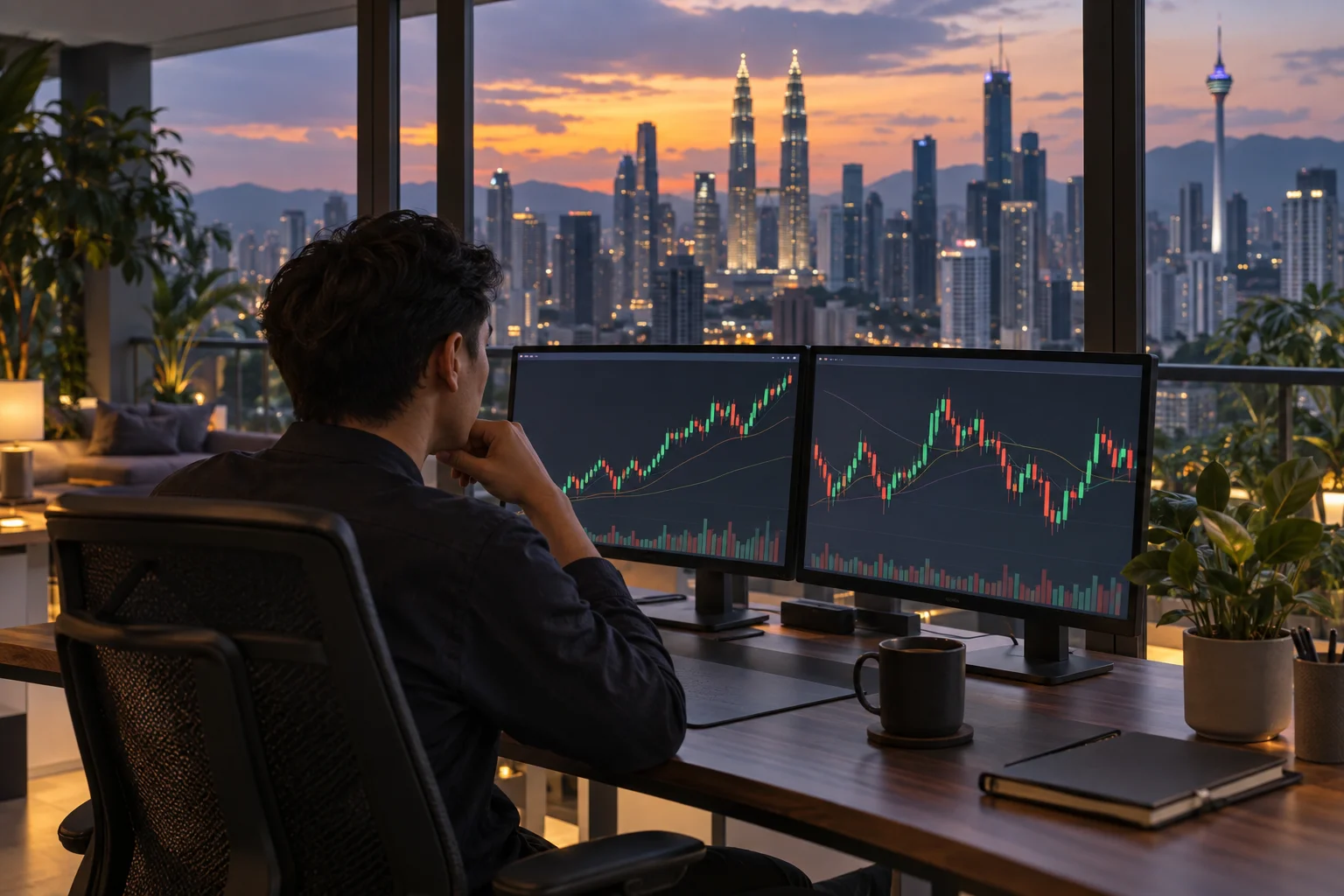Best prop firms for traders in Malaysia: a trader at a desk in a Kuala Lumpur high-rise apartment with charts on two screens and the city skyline at dusk