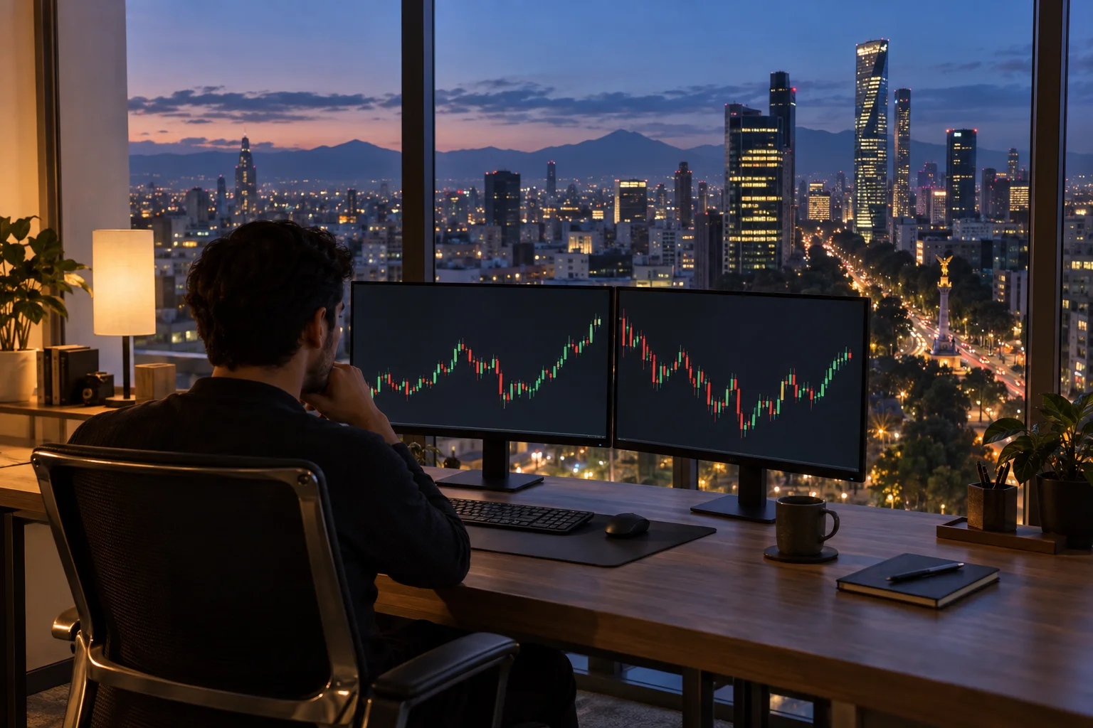 Best prop firms for traders in Mexico: a trader at a desk in a Mexico City apartment at dusk, charts on two screens and the city lights outside