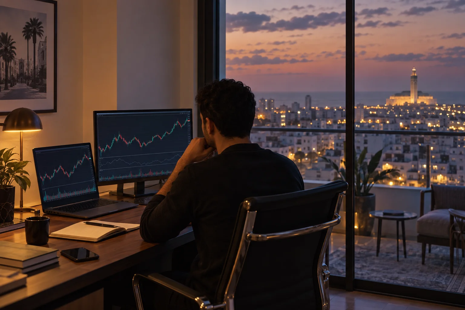 Trader at a desk in a Casablanca apartment at dusk reviewing prop firm charts on two screens, city lights and the Hassan II Mosque outside the window
