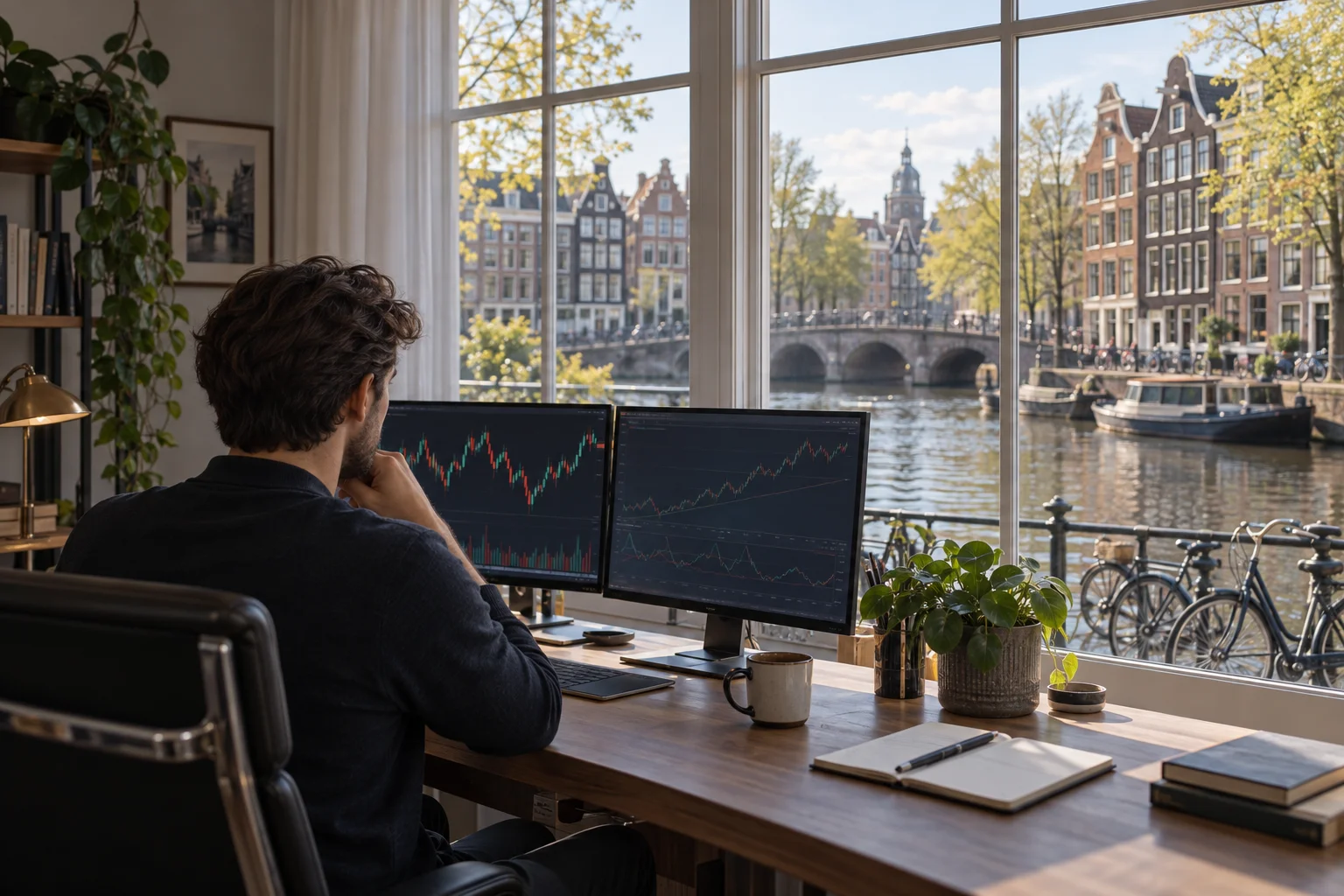 Best prop firms for traders in the Netherlands: a trader at a desk in an Amsterdam canal apartment with charts on two screens, gabled houses, a bridge and bicycles outside