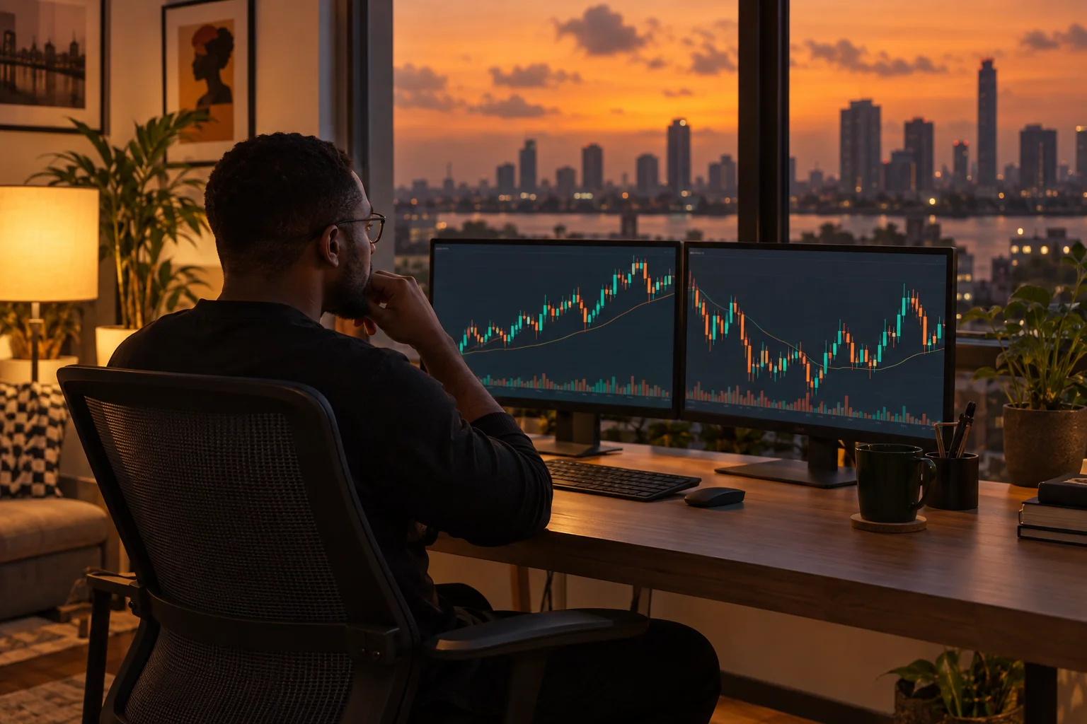 Top prop firms in Nigeria: a trader at a home desk in a Lagos apartment at dusk with candlestick charts on two monitors