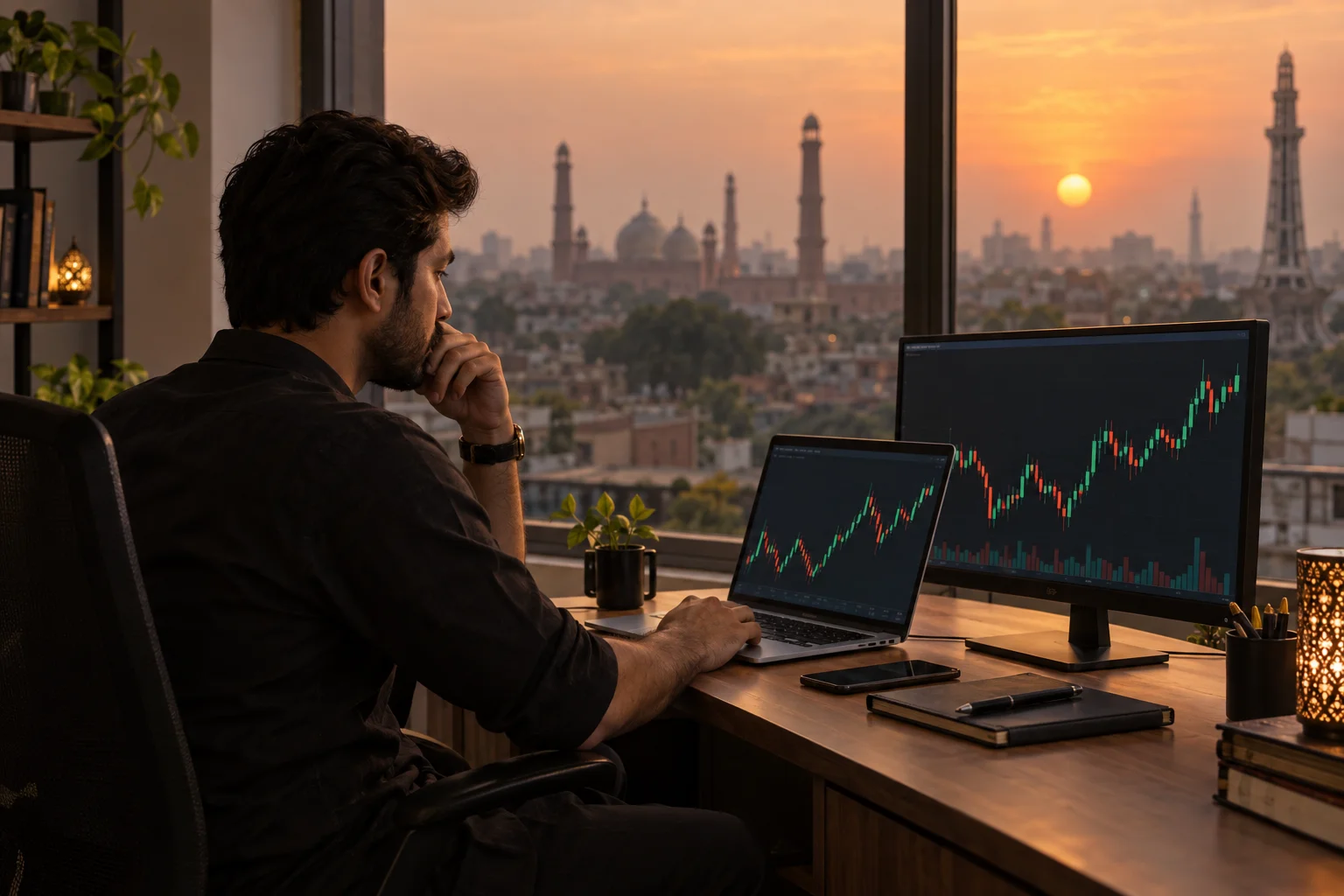 Best prop firms for traders in Pakistan, a trader at a desk with trading charts and a soft skyline suggestive of a Pakistani city at dusk in the background