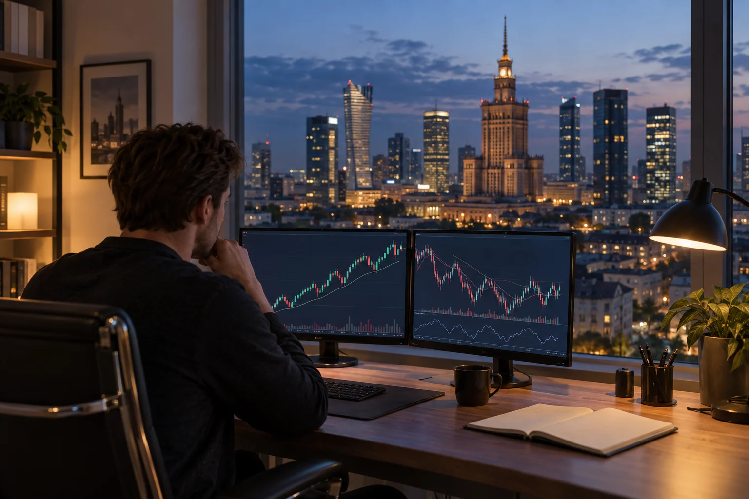 Best prop firms for traders in Poland: a trader at a desk in a Warsaw apartment at dusk, charts on two screens and the city lights outside