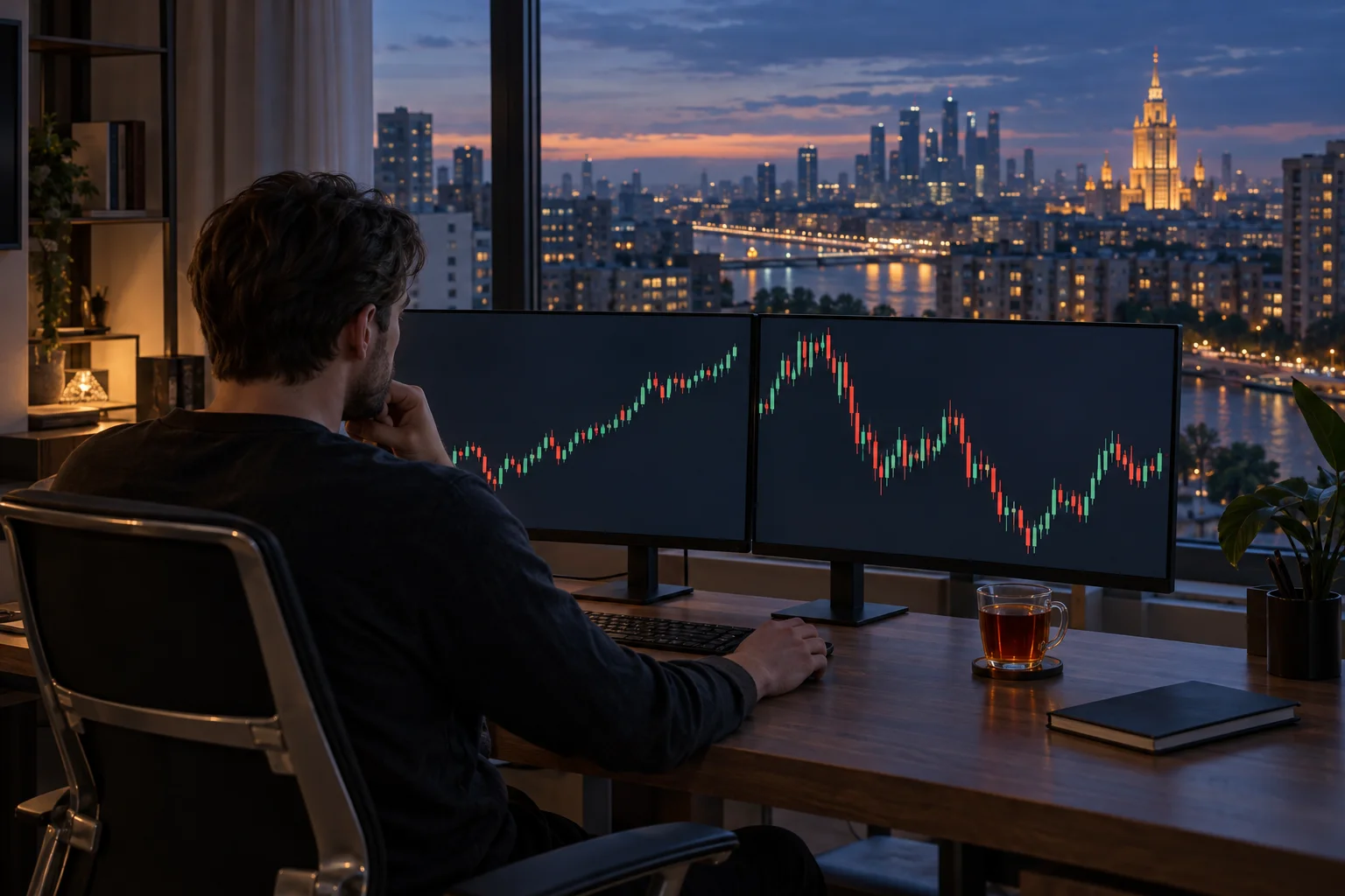 Best prop firms for traders in Russia: a trader at a desk in a Moscow apartment at dusk, charts on two screens and the city lights outside