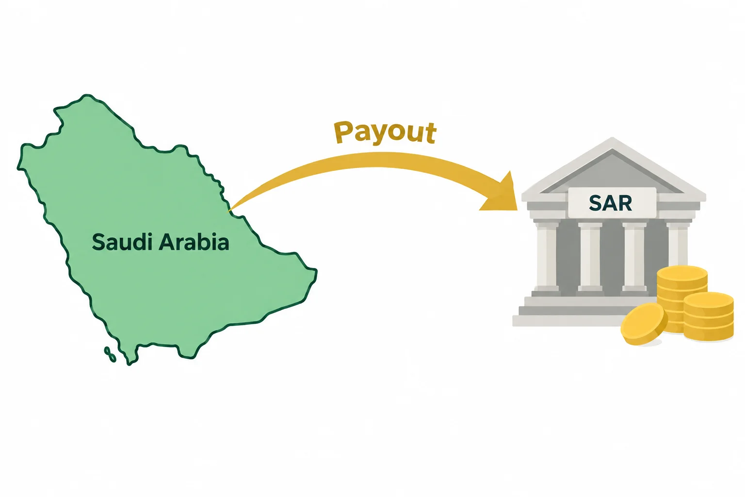 How prop firms pay traders in Saudi Arabia: an outline map of Saudi Arabia with a payout arrow into a bank marked SAR