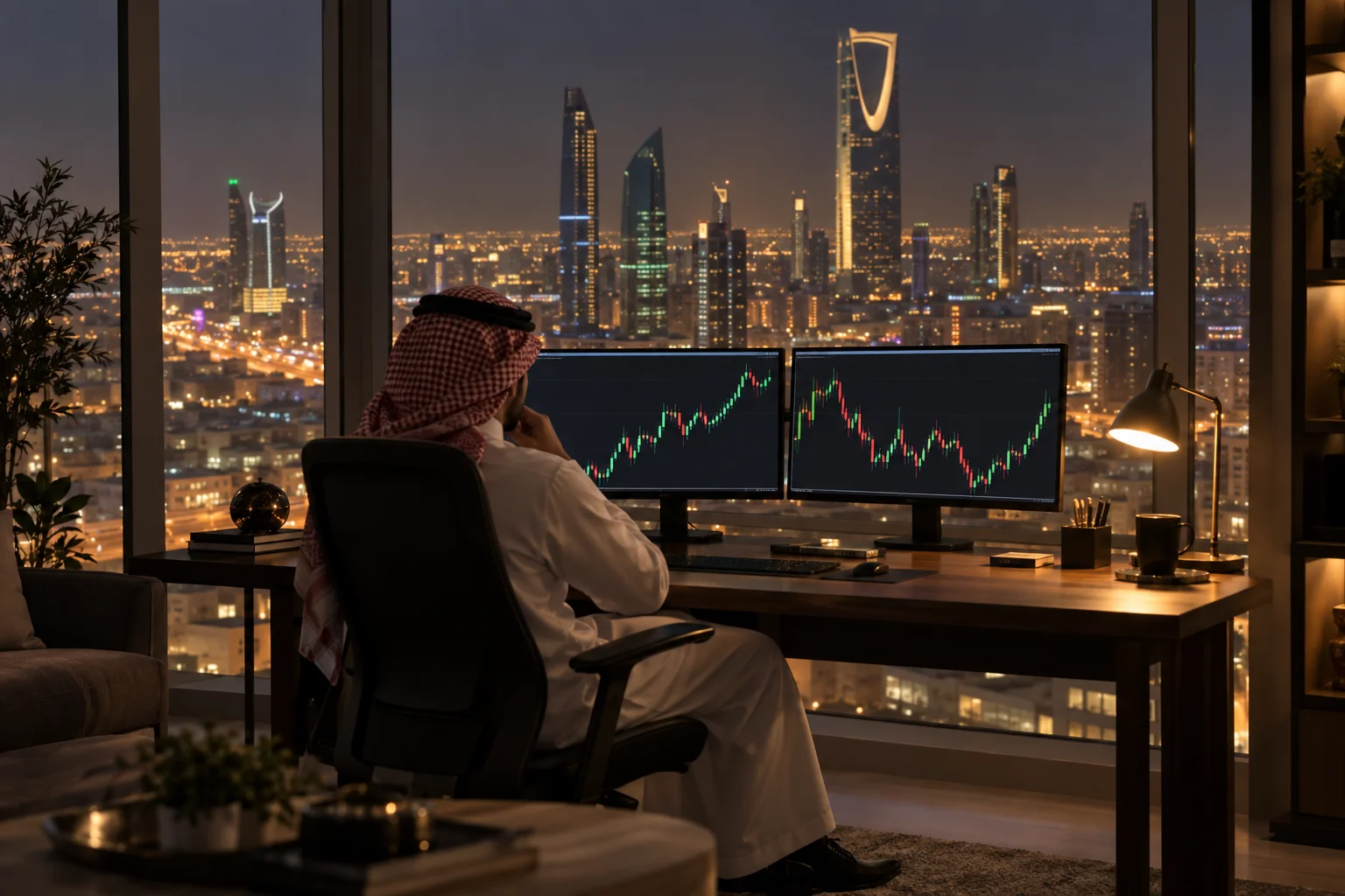 Best prop firms for traders in Saudi Arabia: a trader at a desk in a Riyadh apartment at night with charts on two screens and the city lights outside